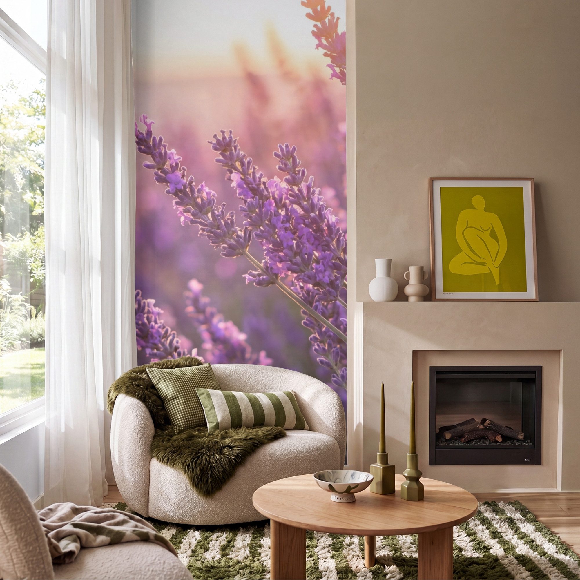 OnlyWow Fototapete Lavendel - Lila - Sonnenlicht, Matt, bedruckt, Wandtapete, Schlafzimmer, Wanddekoration 100x220cm