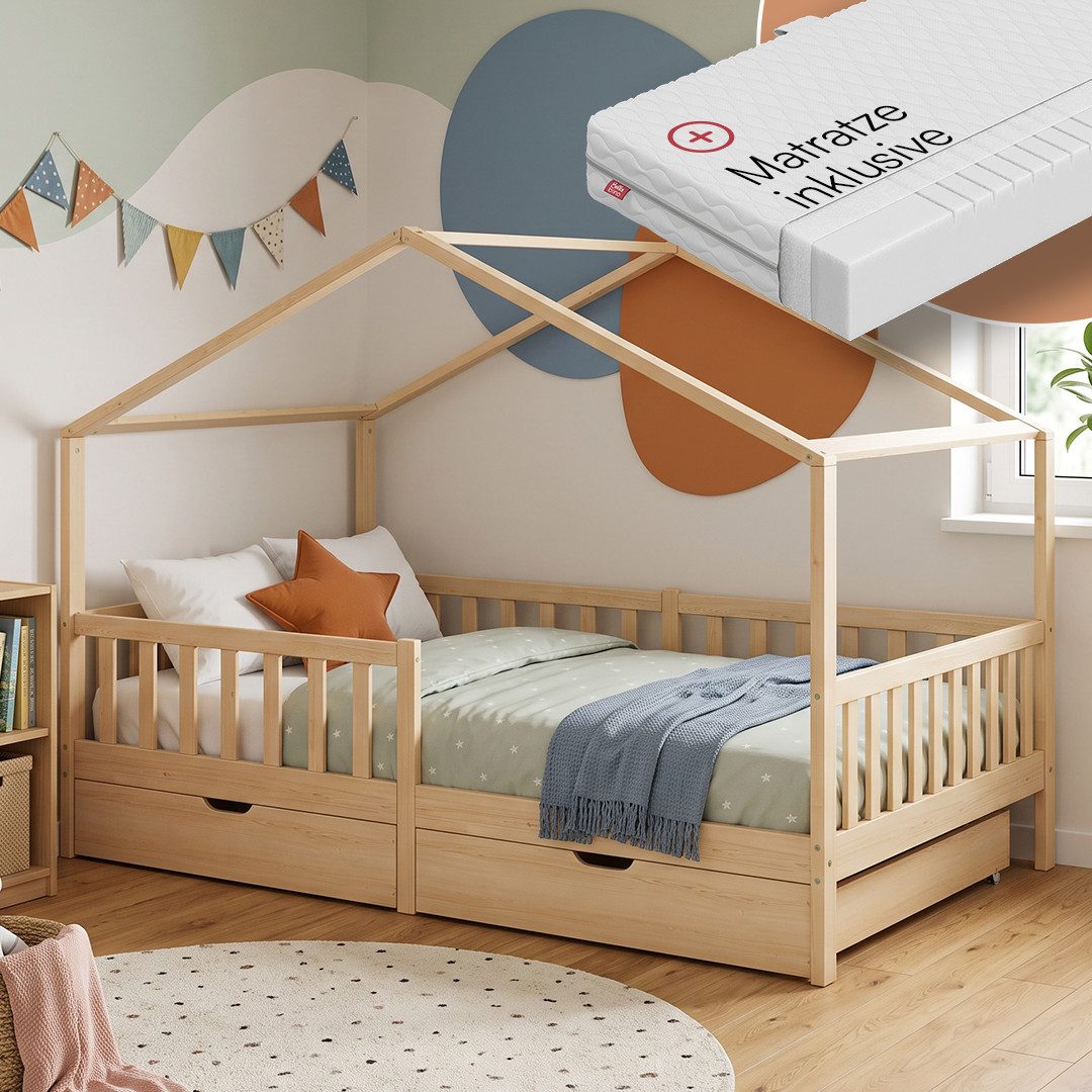 Bellabino Kinderbett Bia mit Rausfallschutz & Lattenrost (natur, mit zwei Schubladen und Matratze), Kinderbett aus Kiefernholz, verfügbar in 80x160/90/120/140x200 cm