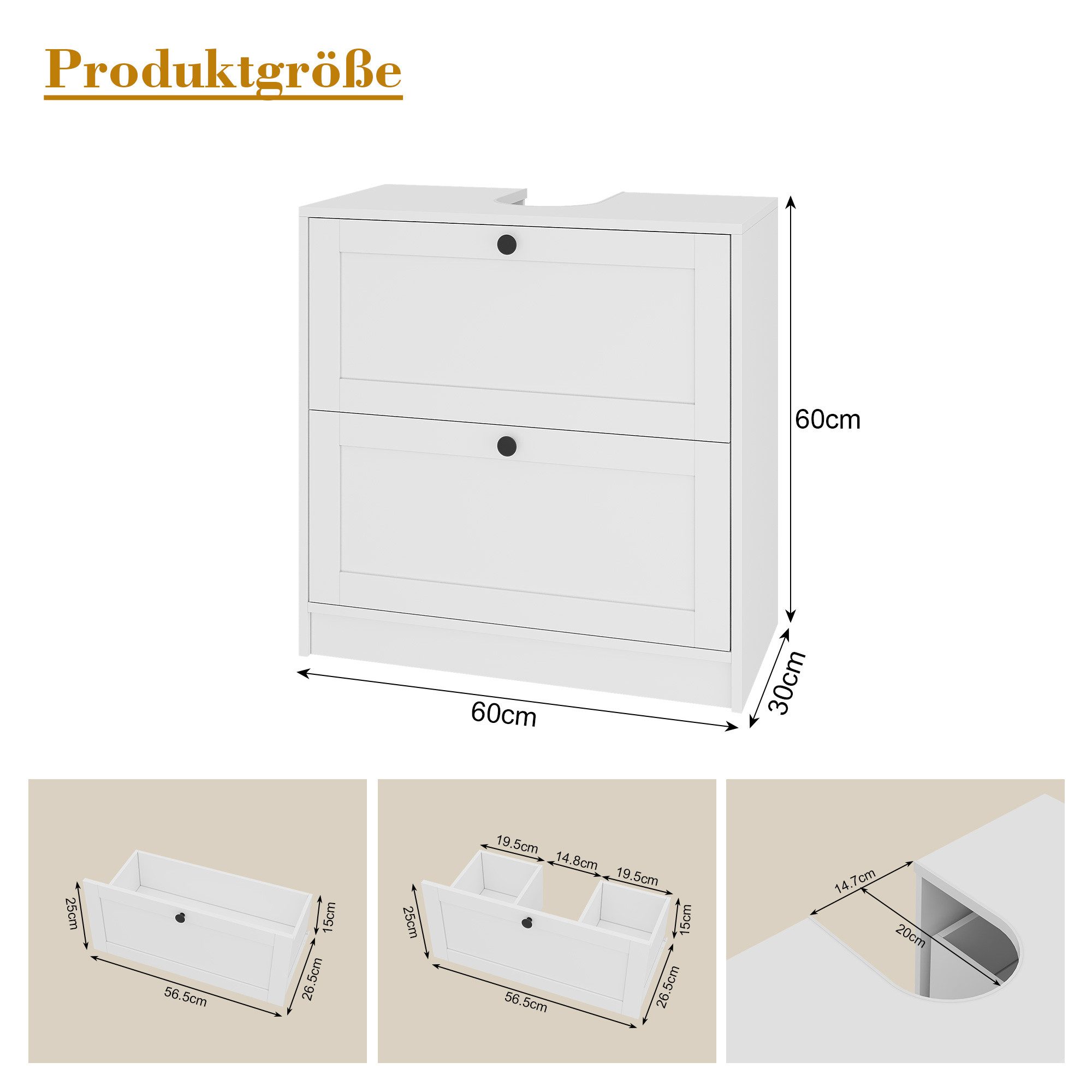 Hyaapwod Waschbeckenunterschrank Badezimmer Unterschrank mit Zwei Schubladen (1-St) 60 x 30 x 60 cm, Weiß – Bild 2 von 5