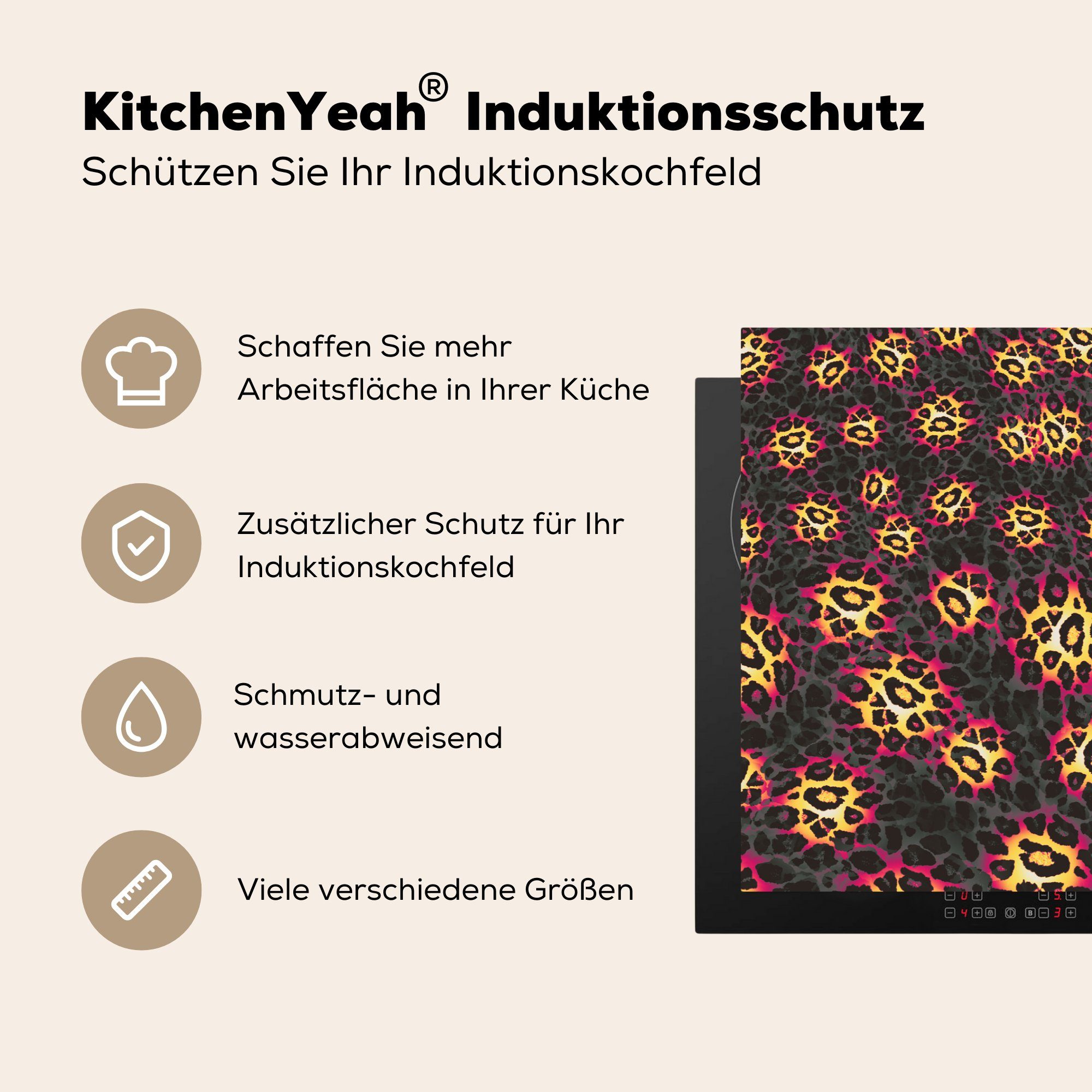 Design Induktionskochfeld 81x52 küche, Herdblende-/Abdeckplatte die für cm, Gelb - Ceranfeldabdeckung tlg), Schutz Vinyl, (1 MuchoWow Rosa, Pantherdruck - -