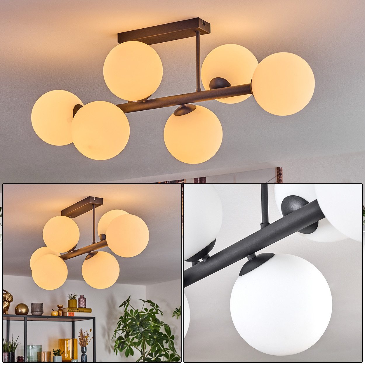 Deckenleuchte 6-flammige Deckenlampe aus Metall/Glas in Schwarz/Milchglas/Weiß