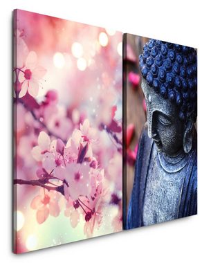 Sinus Art Leinwandbild 2 Bilder je 60x90cm Buddha Statue Kirschbaum Japan Kirschblüten Sakura Harmonie