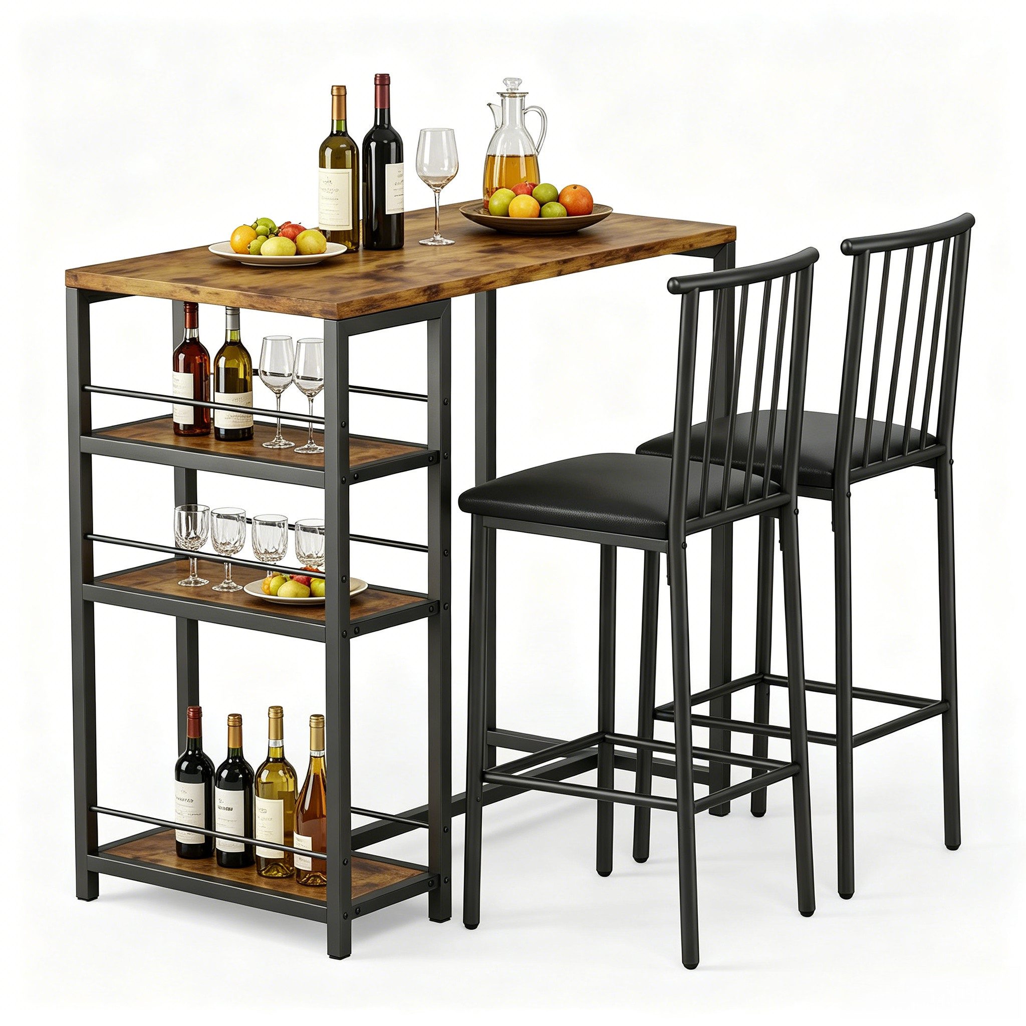Blishom Bartisch 3-tlg Bartisch-Set, Esstisch Set für 2 Personen, Platzsparendes Stehtisch-Set mit Stauraum