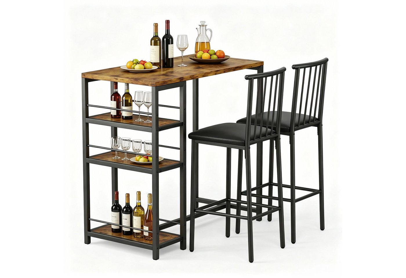 Blishom Bartisch 3-tlg Bartisch-Set, Esstisch Set für 2 Personen, Platzsparendes Stehtisch-Set mit Stauraum