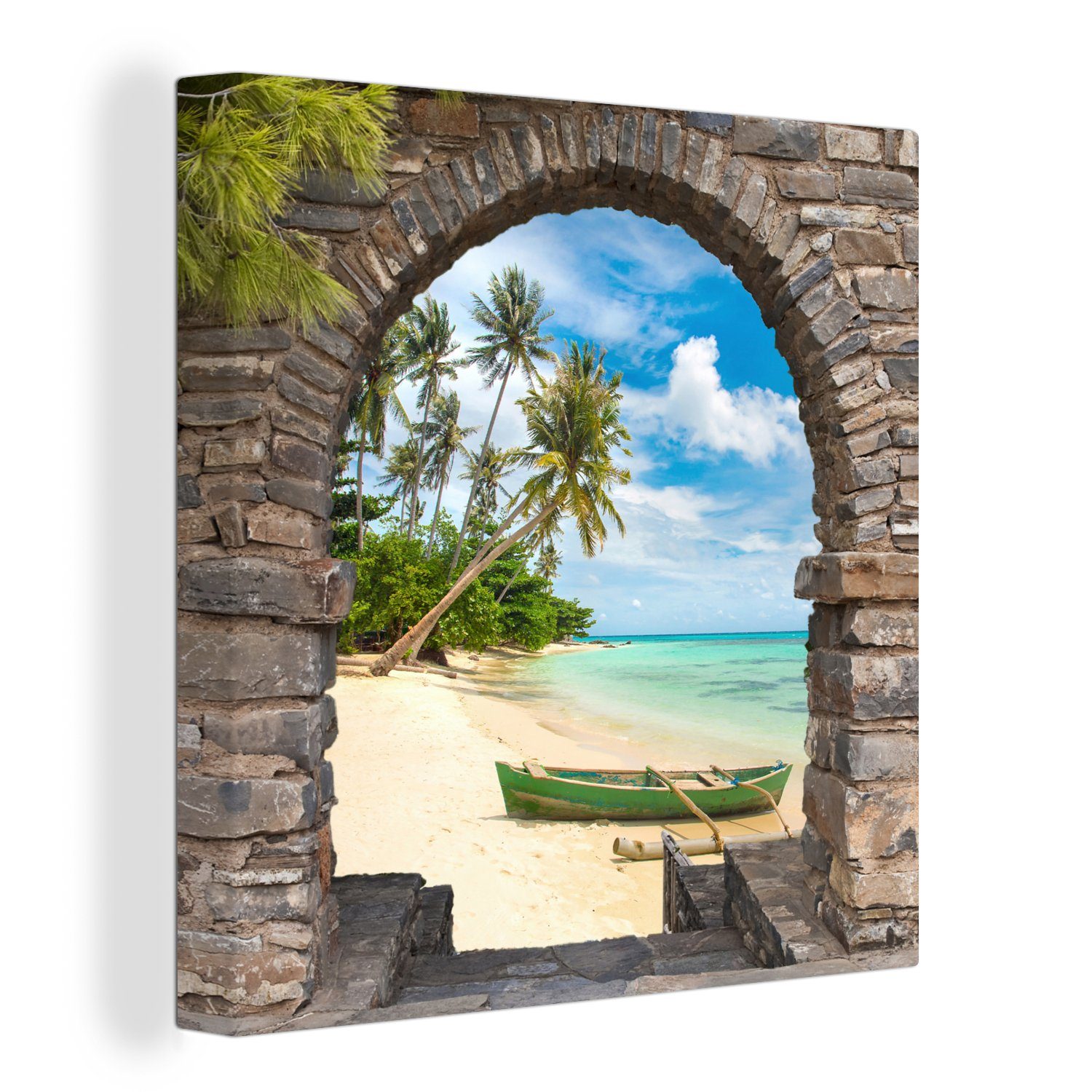 OneMillionCanvasses® Leinwandbild Strand - Palme - Blick - Meer - Kanu, (1 St), Leinwand Bilder für Wohnzimmer Schlafzimmer