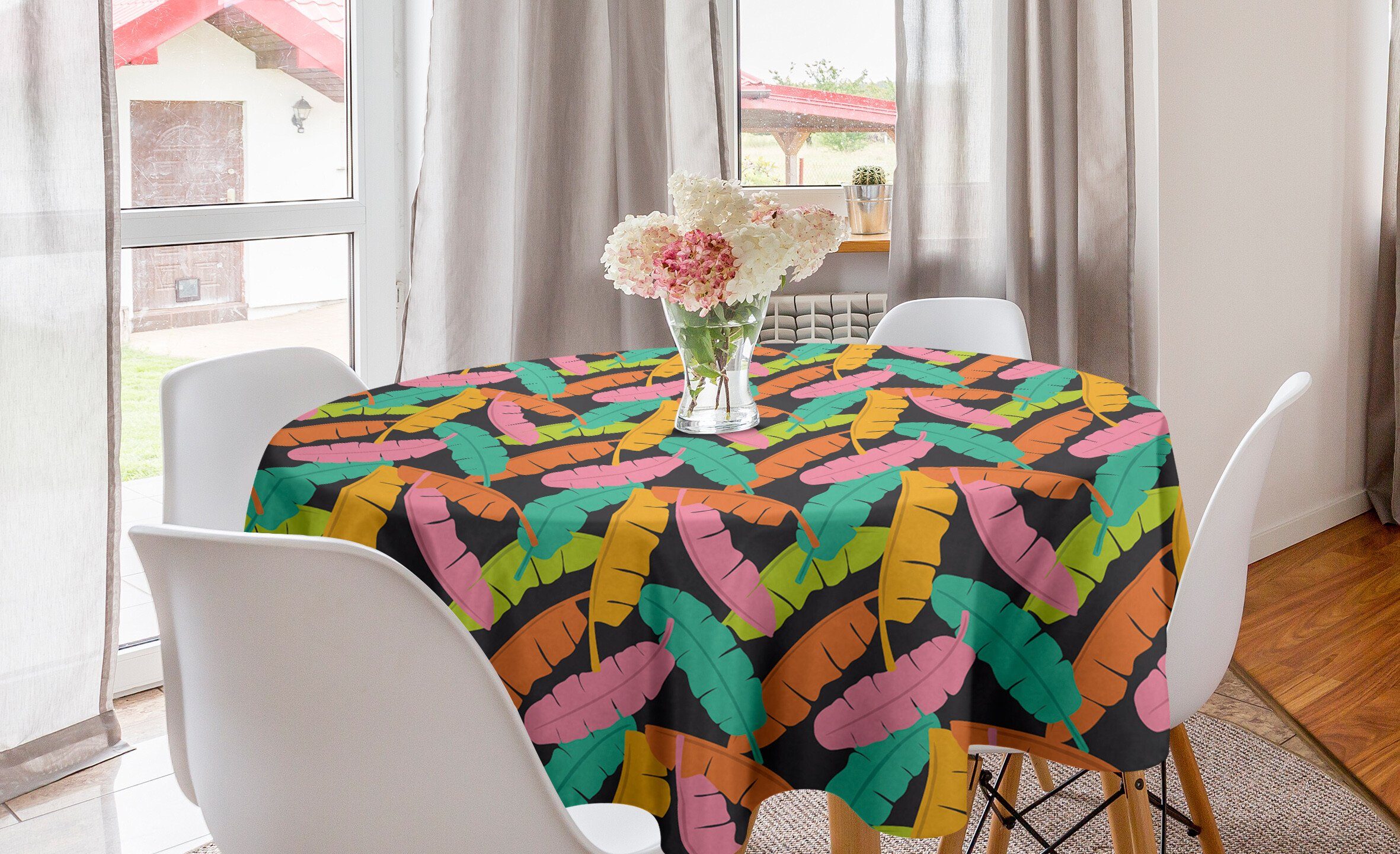 Esszimmer Kreis Tropisch Dekoration, Tischdecke Bunte Abdeckung für Küche Abakuhaus Bananenblättern Tischdecke