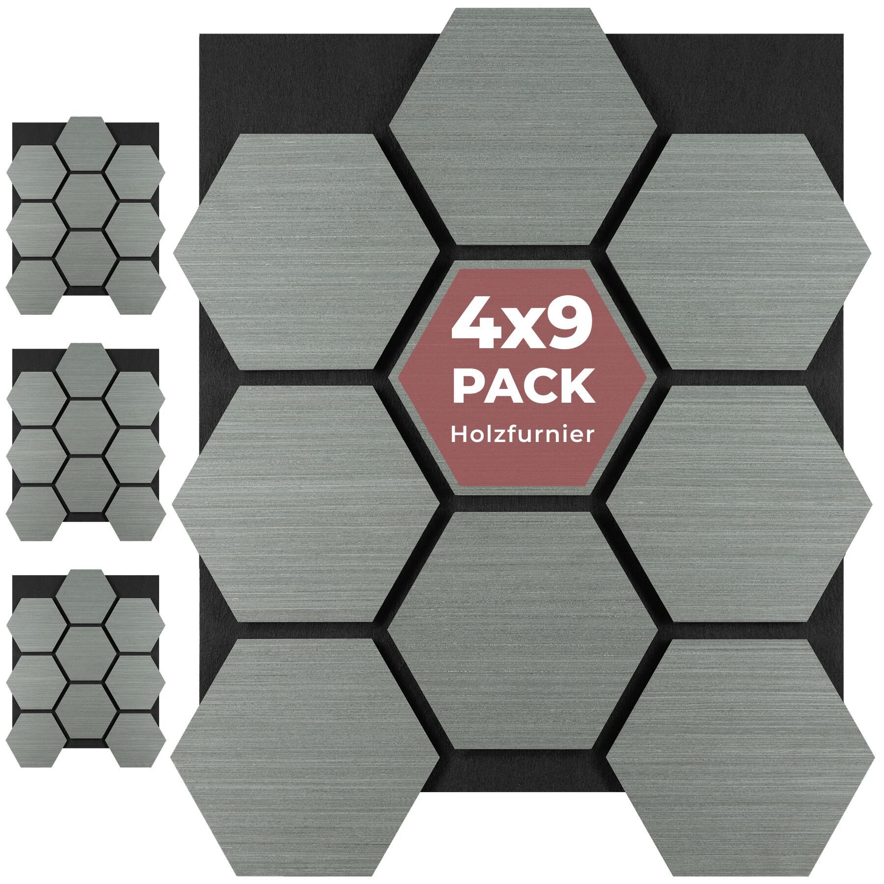 tectake Wandpaneel Akustikpaneele aus MDF und Echtholzfurnier, je 76 x 62 x 1,8 cm, BxL: 62x76 cm, 0.47 qm, (Schallschutzplatten mit Wabenmuster Sonic Shield, 4-tlg., Holzoptik in Eiche hellgrau) schallabsorbierender Filz, einfache Montage mit Kleber oder Schrauben