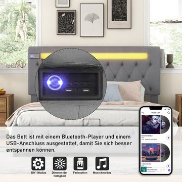 Sweiko Polsterbett, Stauraumbett mit LED-Licht, Bluetooth-Player, USB, 140*200cm