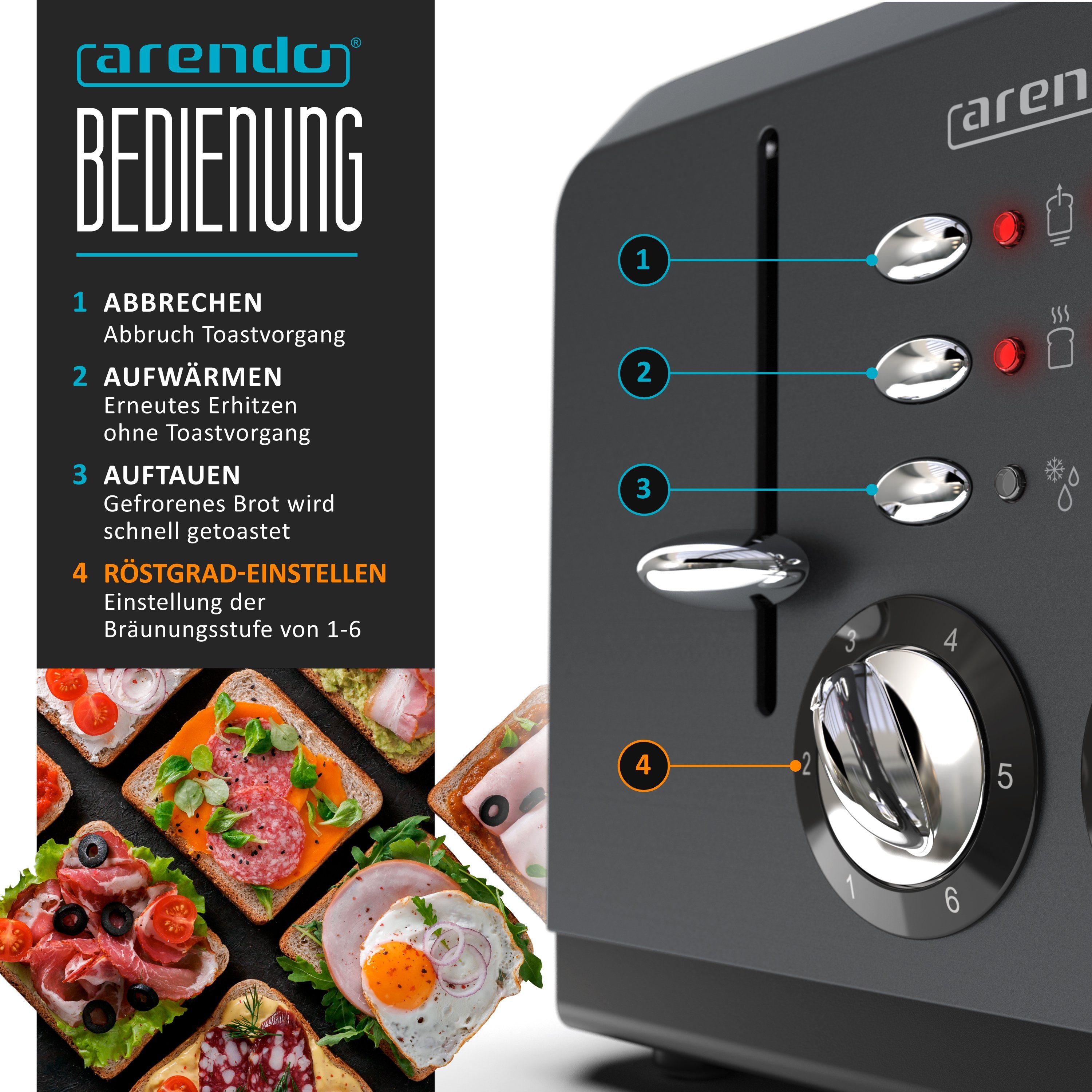 Arendo Toaster 4-Scheiben, Automatik, Edelstahl, Wärmeisolierendes Doppelwandgehäuse, 4 kurze Schlitze, für 4 Scheiben, 1630 W, Bräunungsgrad 1-6, Aufwärm- & Auftaufunktion, GS-zertifiziert