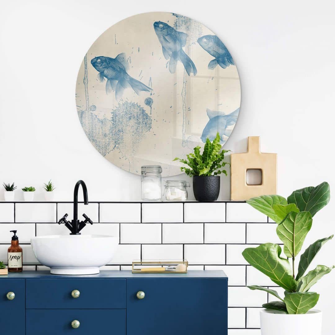 K&L Wall Art Glasbild Glas Wandbild Rund Glasbild Blaue Fische Badezimmer Ozean, Wandschutz Deko Bilder