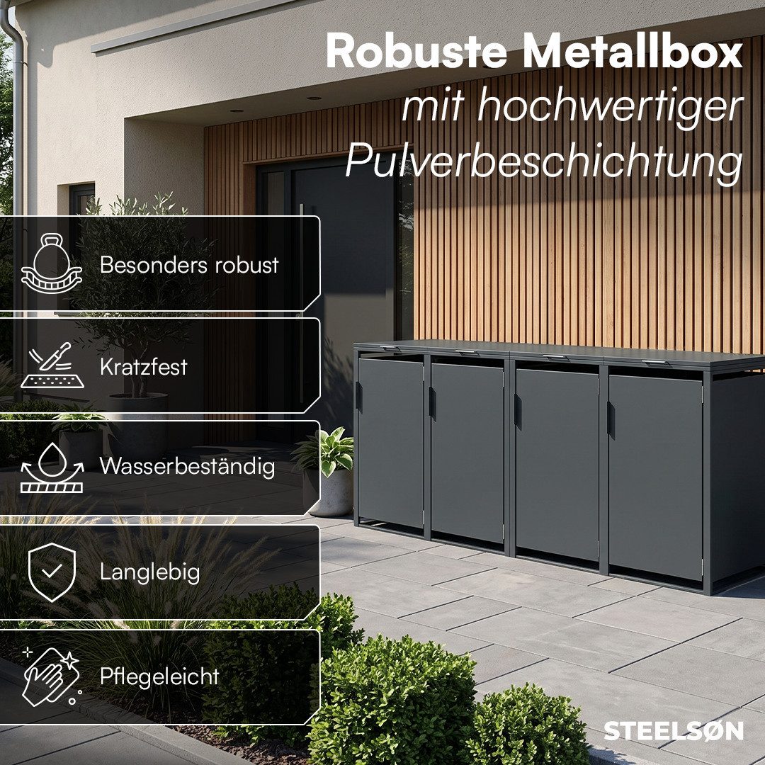 STEELSØN Mülltonnenbox Thoria 240L aus verzinktem Stahl (Anthrazit, verfügbar mit 1, 2, 3, 4, oder 5 Türen), Für 4 Tonnen