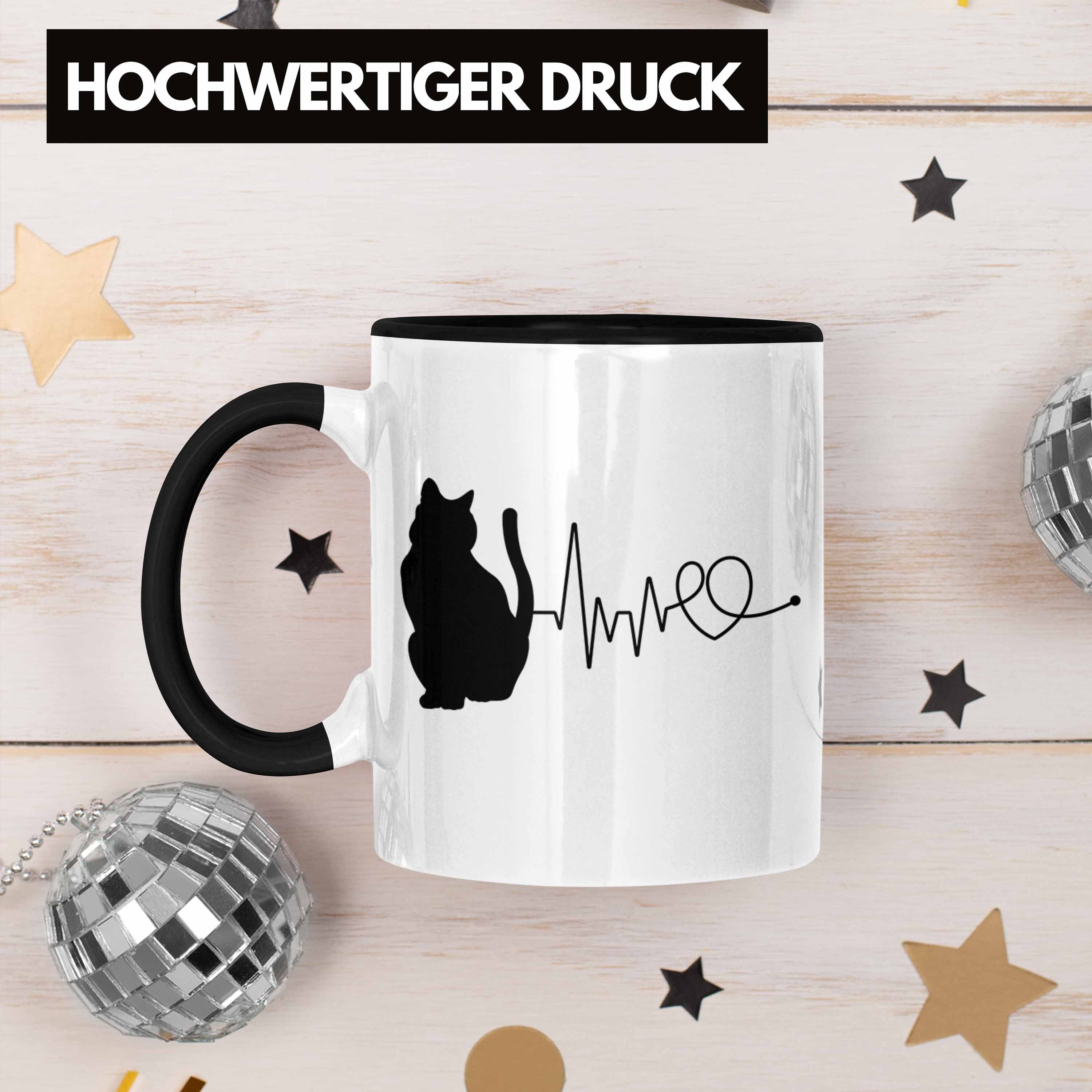 Trendation Herzschlag Katze für Katzenbesitzerin Tasse Kaffee-Becher Tasse Geschenk Schwarz