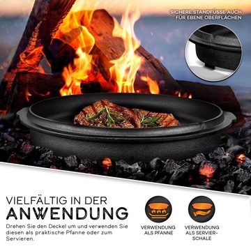 grillas Grilltopf Dutch Oven Set Feuertopf mit Deckelheber und Henkel, Gusseisen, bereits eingebrannt - preseasoned I Bräter mit Deckelheber und Henkel