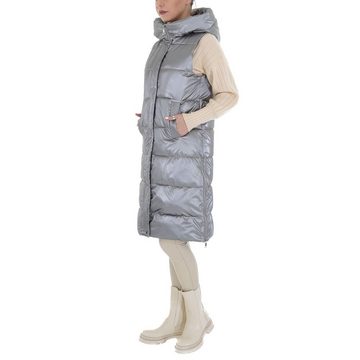 Ital-Design Steppweste Damen Freizeit Kapuze Gefüttert Winterjacke in Silber