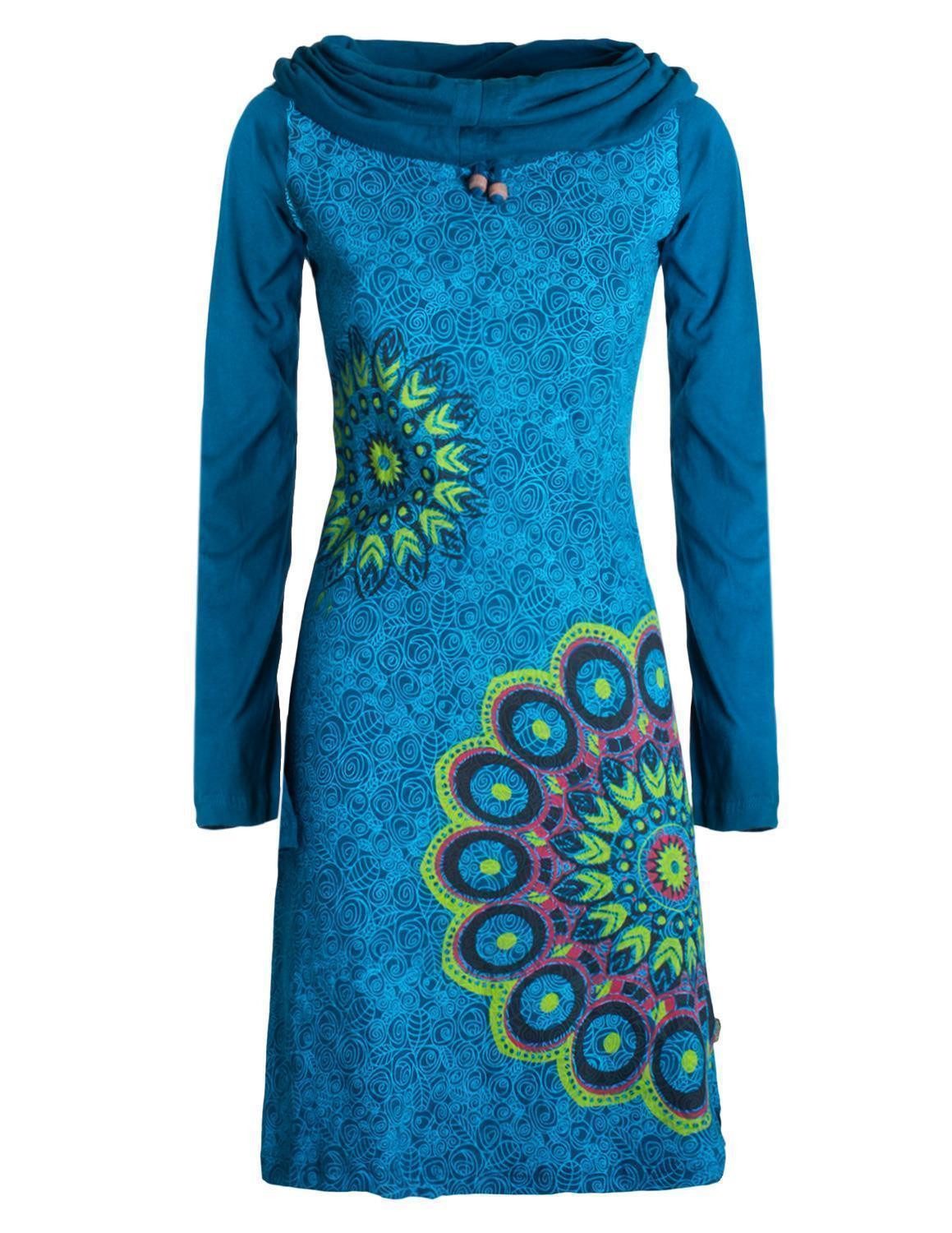 Tunikakleid Damen Mandala-Kleid Langarm-Shirtkleid Schal-Kragen Baumwollkleid