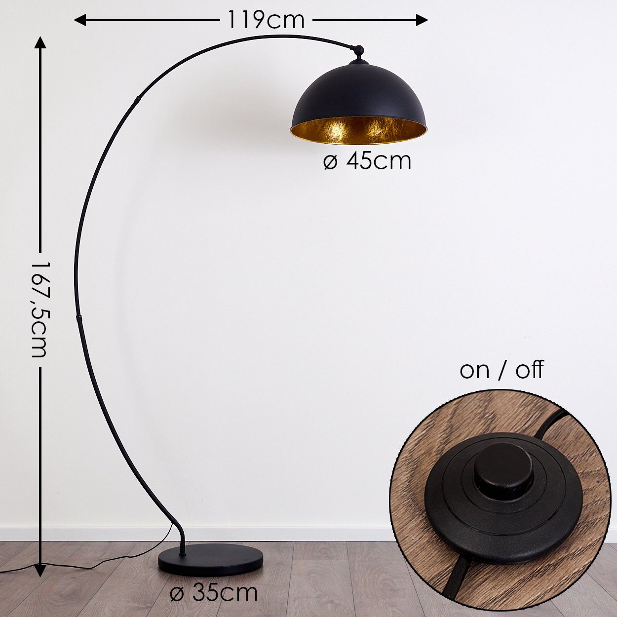 hofstein Bogenlampe »Aliena« Vintage Stehleuchte aus Metall in Schwarz/Gold, ohne Leuchtmittel, E27, Leuchte m. Fußschalter in Blattgold-Optik