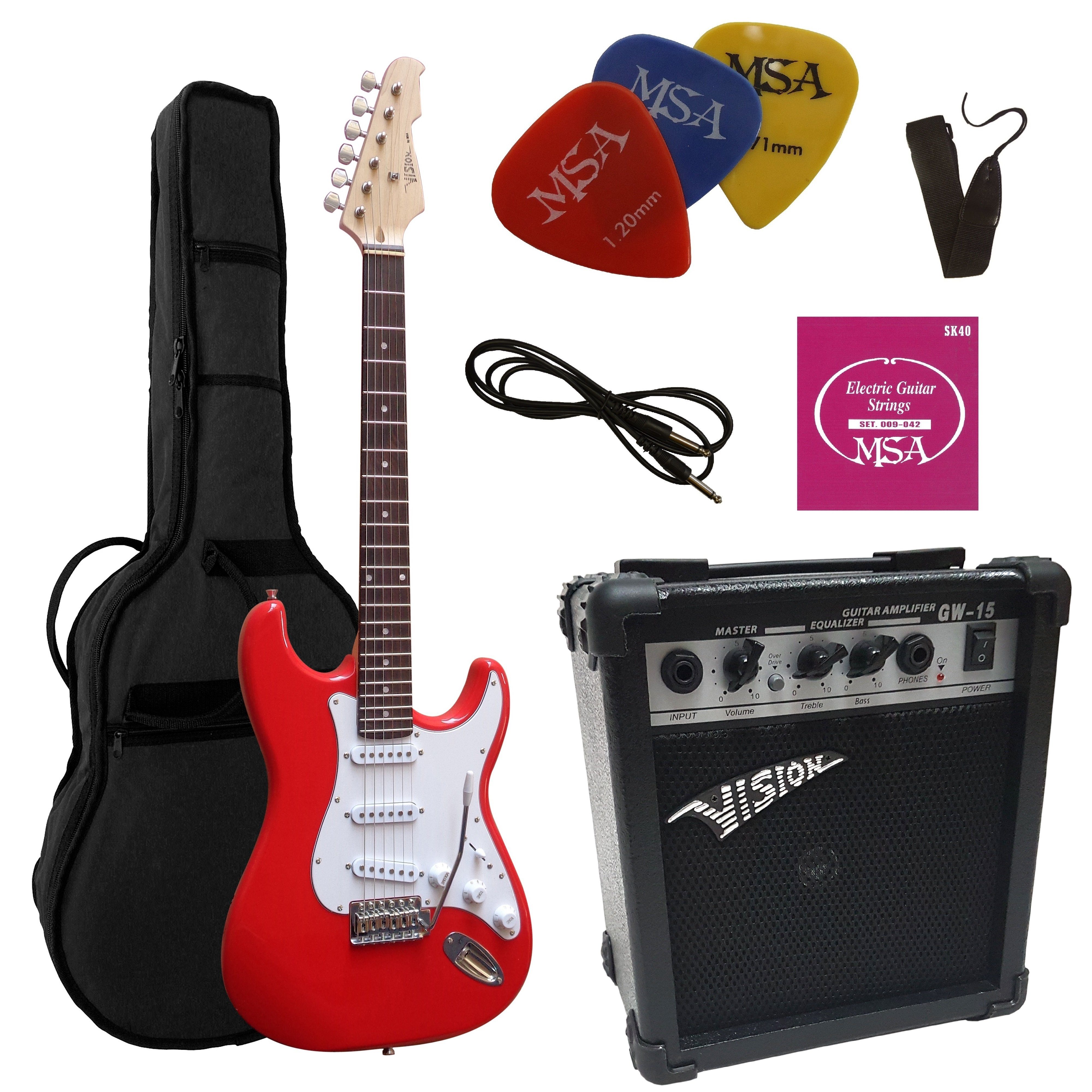 MSA E-Gitarre ST5, Elektrogitarre im Set, mit 20 Watt Verstärker, Tasche, Band,Saiten, 3xPik, Tremolo