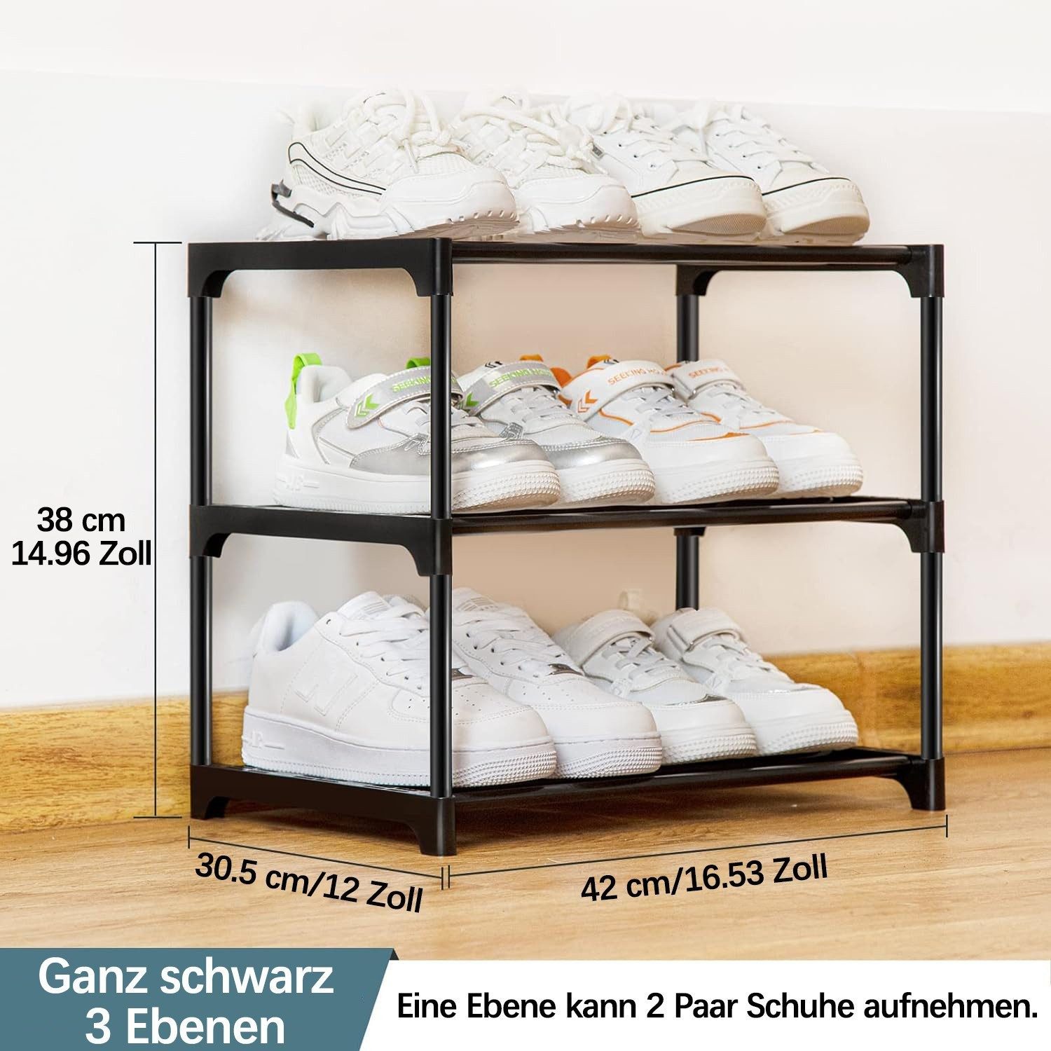 Diwzbyn Schuhregal mit 3 Ebenen, Schuhregal Klein, Metall-Schuhaufbewahrung