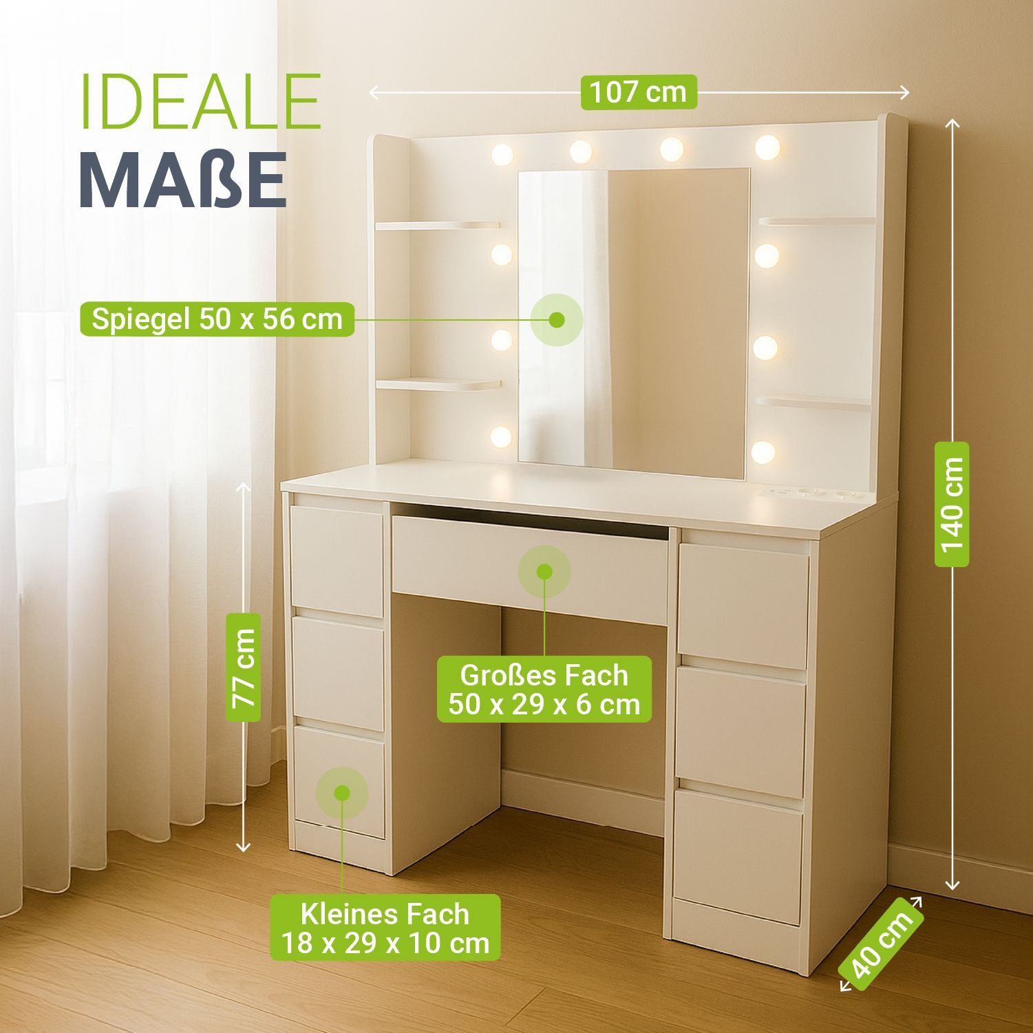 Juskys Schminktisch Malia, LED-Beleuchtung, 3 Helligkeitsstufen, modern, 7 Schubladen, Stauraum