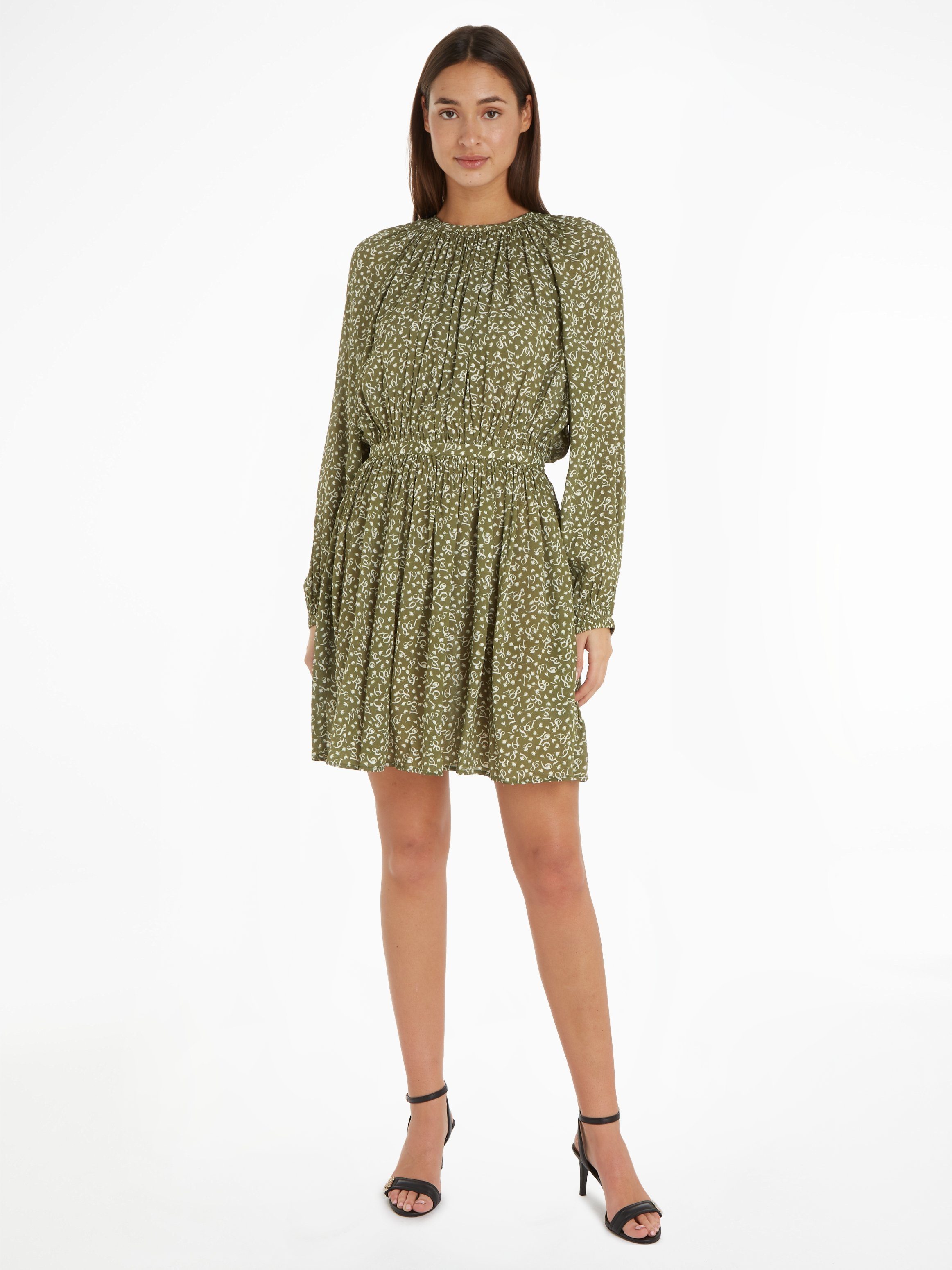 Tommy VIS Blusenkleid Hilfiger mit CREPE eleganten PRINT DRESS Raffungen FEATHER