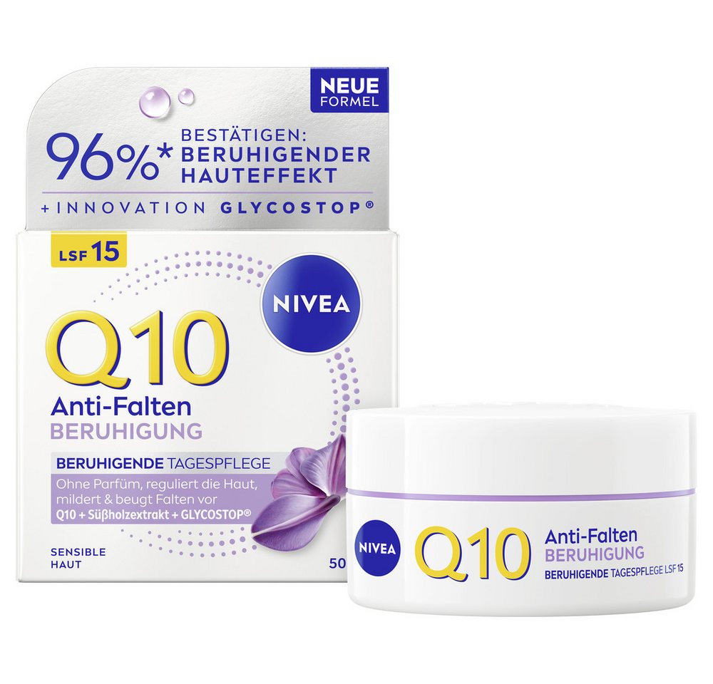 Nivea Tagescreme Q10 ANTI-FALTEN BERUHIGUNG TAGESPFLEGE, parfümfreie Creme, mit beruhigender Formel, für empfindliche Haut