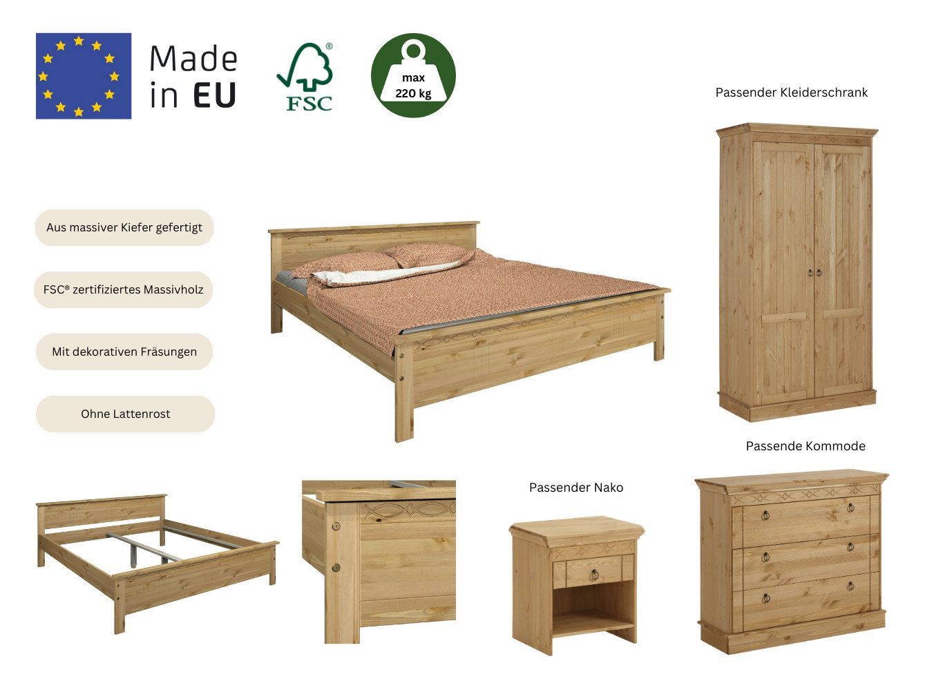 OTTO home Massivholzbett Indra, Landhausstil, edles Design,zertifiziertes Massivholz (Breite/Belastbarkeit 180cm/220 KG, 140cm/180 KG, 90cm/120 KG), mit Kopfteil, mit dekorativen Fräsungen, aus Kiefer