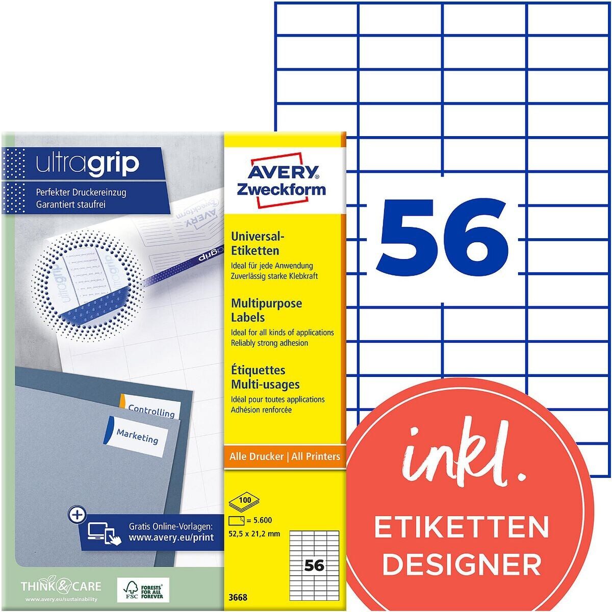 Avery Zweckform Etiketten 3668, 5600 Stück, Absender (52,5x21,2 mm), selbstklebend