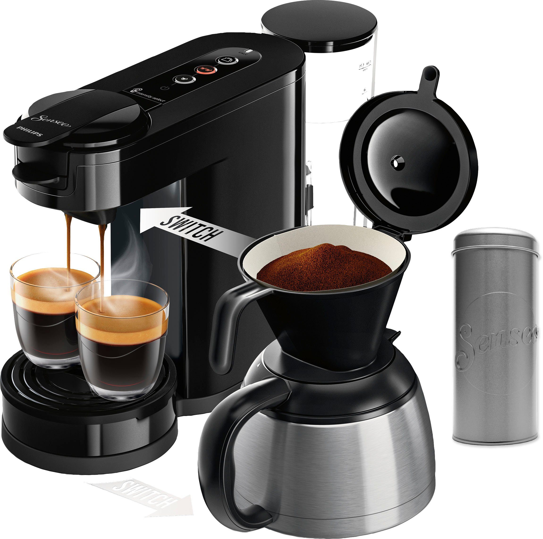 Philips Senseo Kaffeepadmaschine Switch HD6592/64, 26% recyceltem Plastik, Kaffee Boost Technologie, 1l Kaffeekanne, Crema Plus, inkl. Kaffeepaddose Wert 9,90 UVP