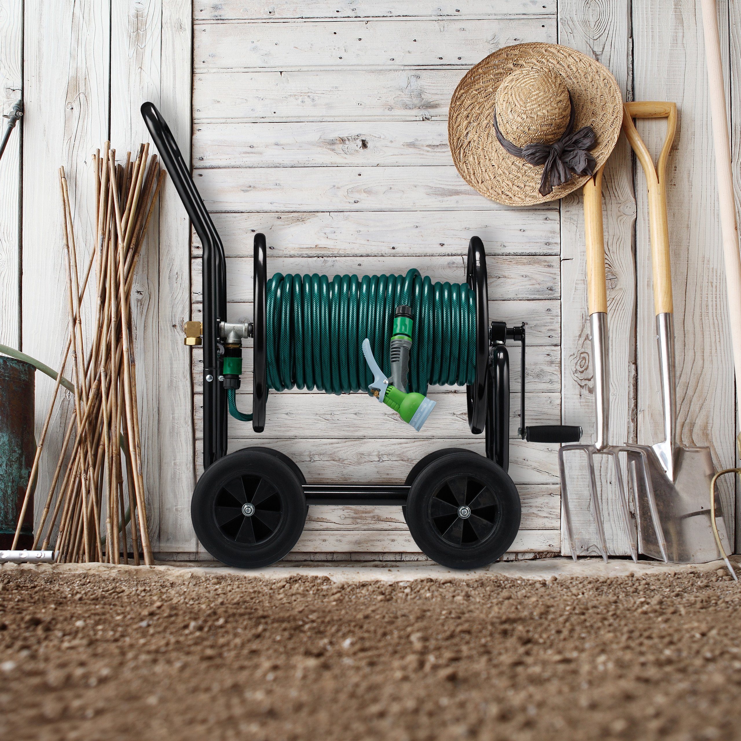 relaxdays Schlauchhalterung Schlauchwagen Metall schwarz