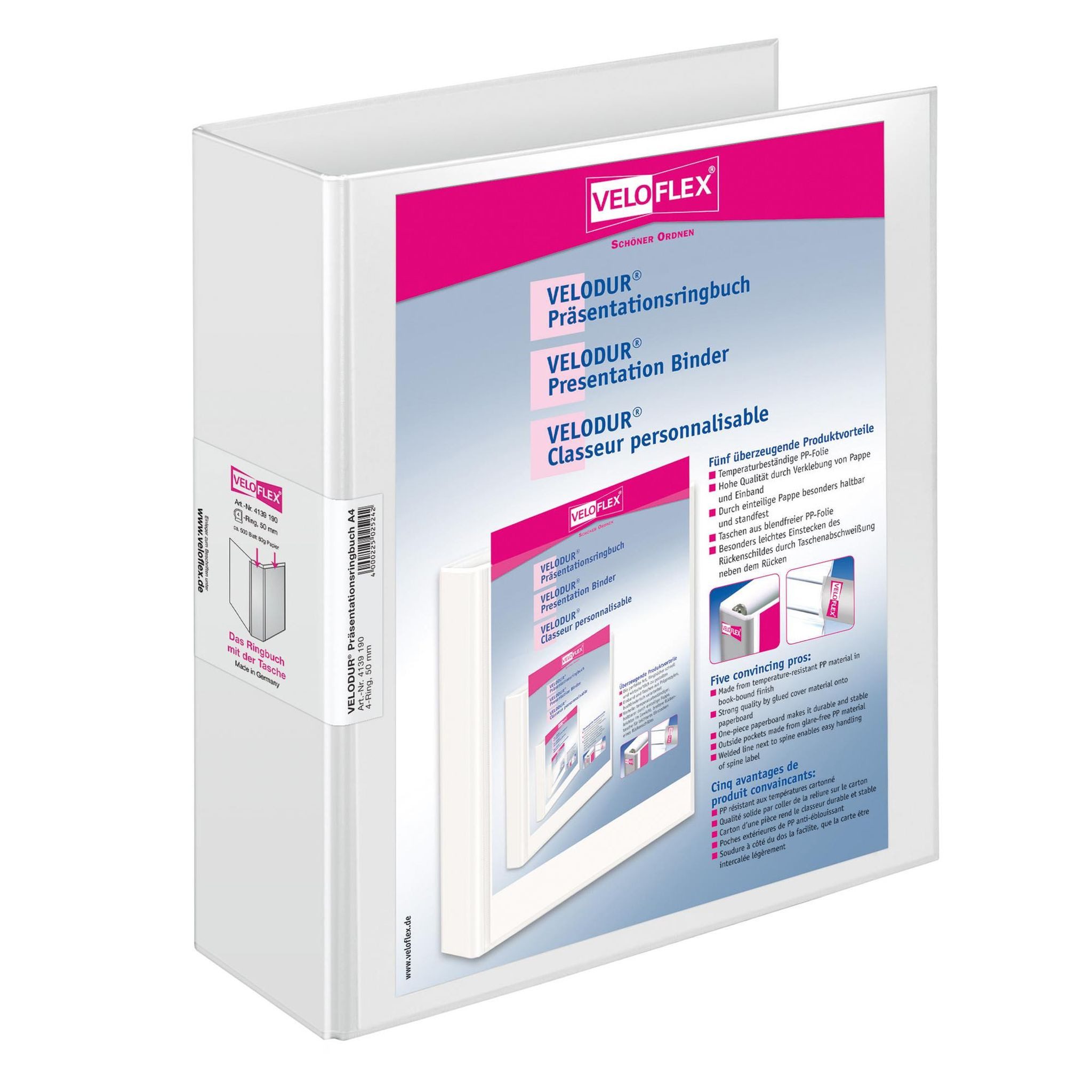 VELOFLEX Ringbuchmappe VeloflexVELODUR-Ringbuch A4 weiß 4-D-Ring-Mechanik 50 mm