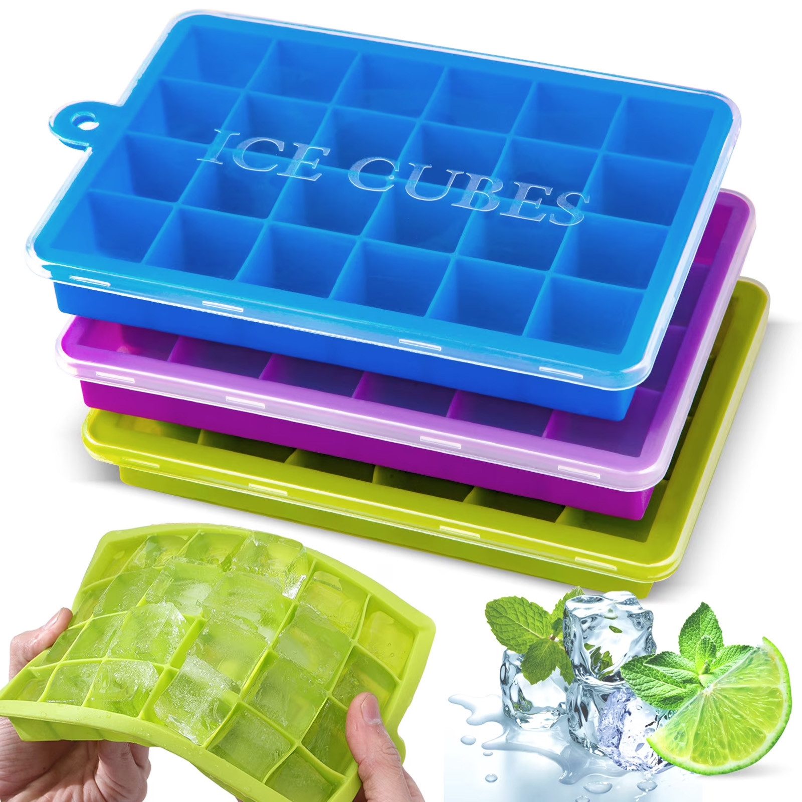 HUGERSTONE Eiswürfelform 3 Pack Eiswürfelbehälter mit Deckel, Eiswürfelform Silikon, BPA frei, (Set, 24 x Eiswürfelformen, 72 Eiswürfel 3-tlg), Stapelbar, Leichtes Herauslösen, Spülmaschinenfest