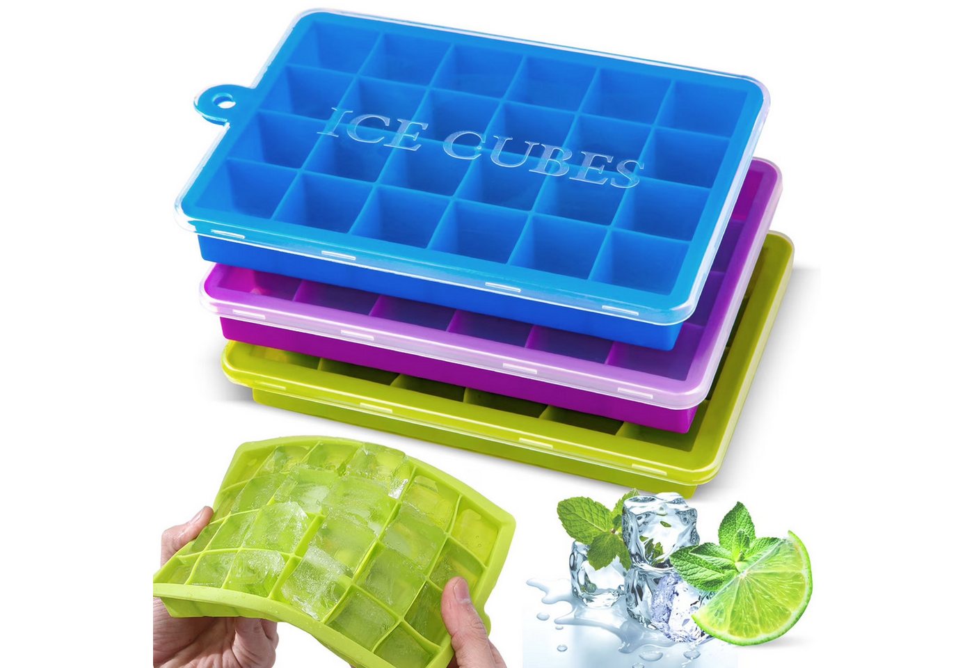 HUGERSTONE Eiswürfelform 3 Pack Eiswürfelbehälter mit Deckel, Silikon Eiswürfelform, BPA frei, (Set, 24 x Eiswürfelformen, 72 Eiswürfel 3-tlg), Stapelbar, Leichtes Herauslösen, Spülmaschinenfest