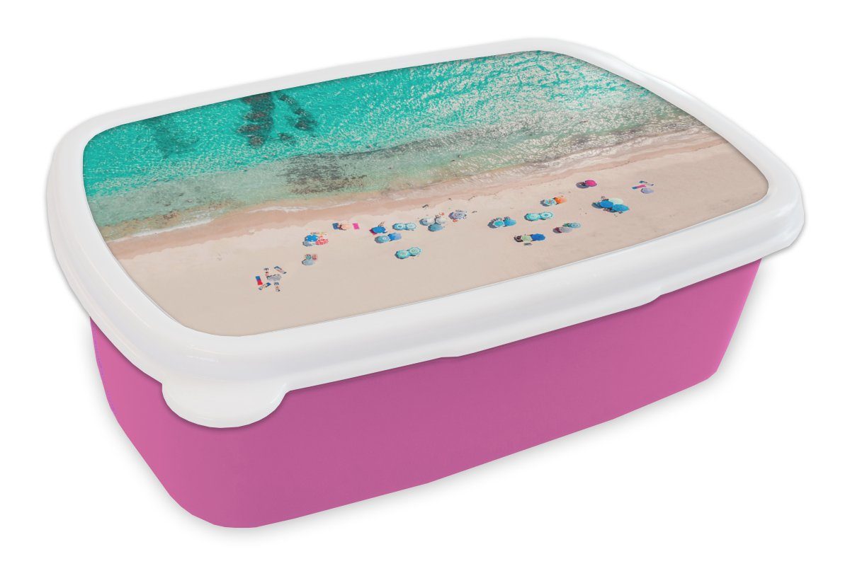 MuchoWow Lunchbox Meer - Strand - Sommer - Sonnenschirme - Blau, Kunststoff, (2-tlg), Brotbox für Erwachsene, Brotdose Kinder, Snackbox, Mädchen, Kunststoff rosa
