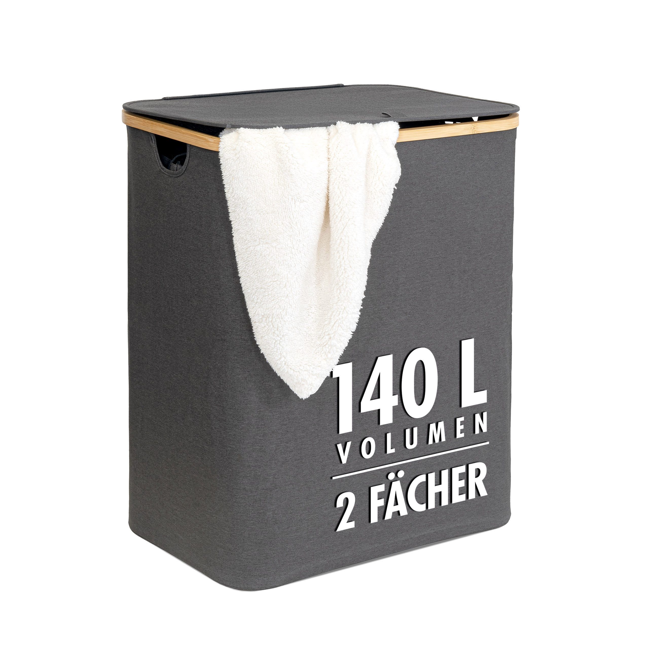 tasir Wäschebox Wäschekorb, 140 Liter, 2 Fächer, mit Deckel und Bambus-Rahm günstig online kaufen