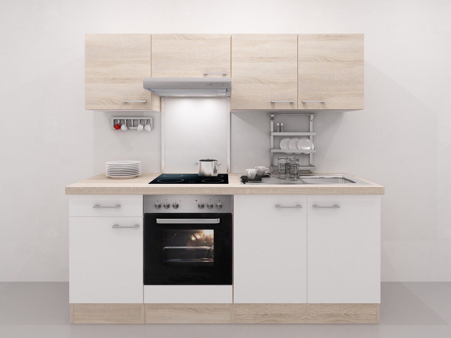 Flex-Well Küchenzeile Küchenzeile mit E-Geräten - 210 cm breit - Weiß Sonoma Eiche – Salerno
