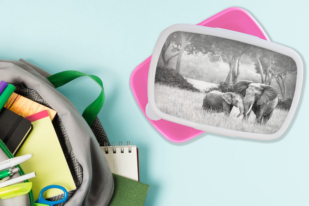 Kinder, Mutter mit für MuchoWow Brotdose Mädchen, Snackbox, (2-tlg), Lunchbox weiß, Elefantenbaby Erwachsene, - rosa Kunststoff Brotbox Kunststoff, und seiner schwarz