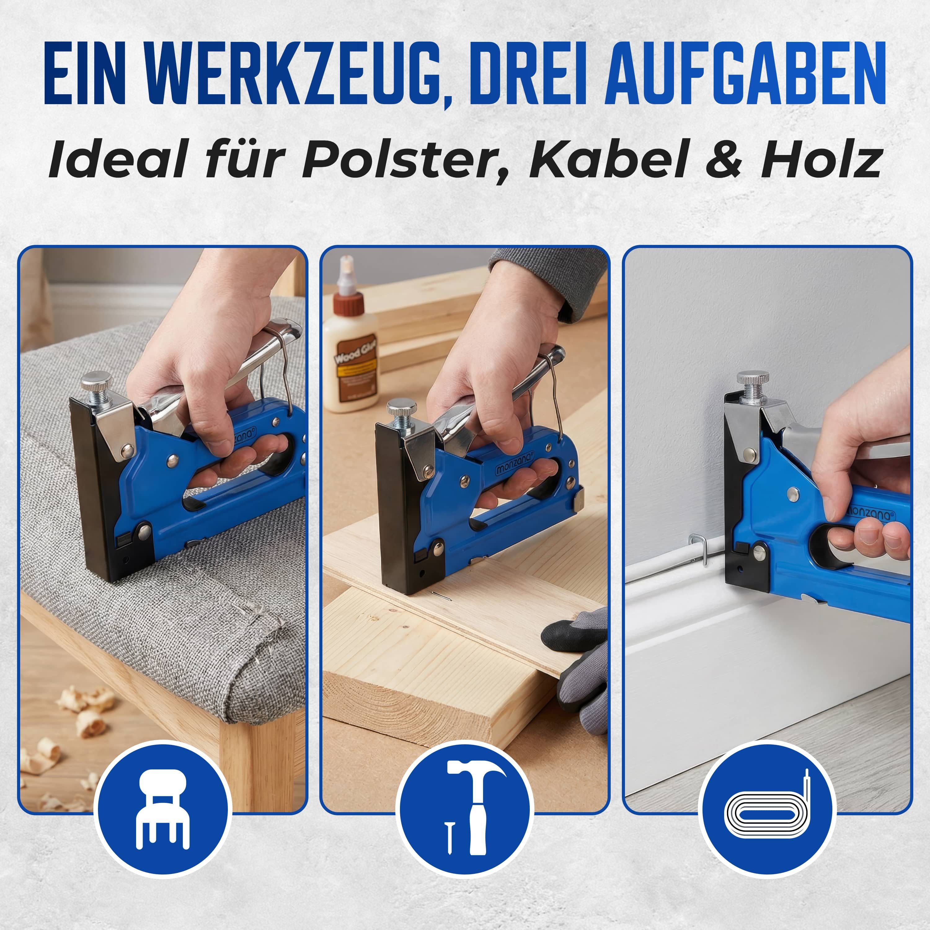 monzana Handtacker Monzana, 3in1 Tacker 1500 tlg Klammern & Nägel stufenlos einstellbare