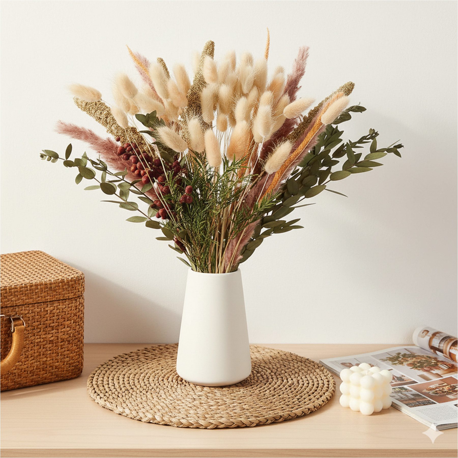 Trockenblume 85 Stück Pampasgras Getrocknet Natürliche Trockenblumen Deko Flowers Kaninchenohren,Melaleuca,Goldrute,Getrockneter Weizen,Natürliches Schilfrohr,Eukalyptus, Mutig, DIY Trockene Blüten Strauß for Boho Wohnzimmer-Schlafzimmer-und Vasen