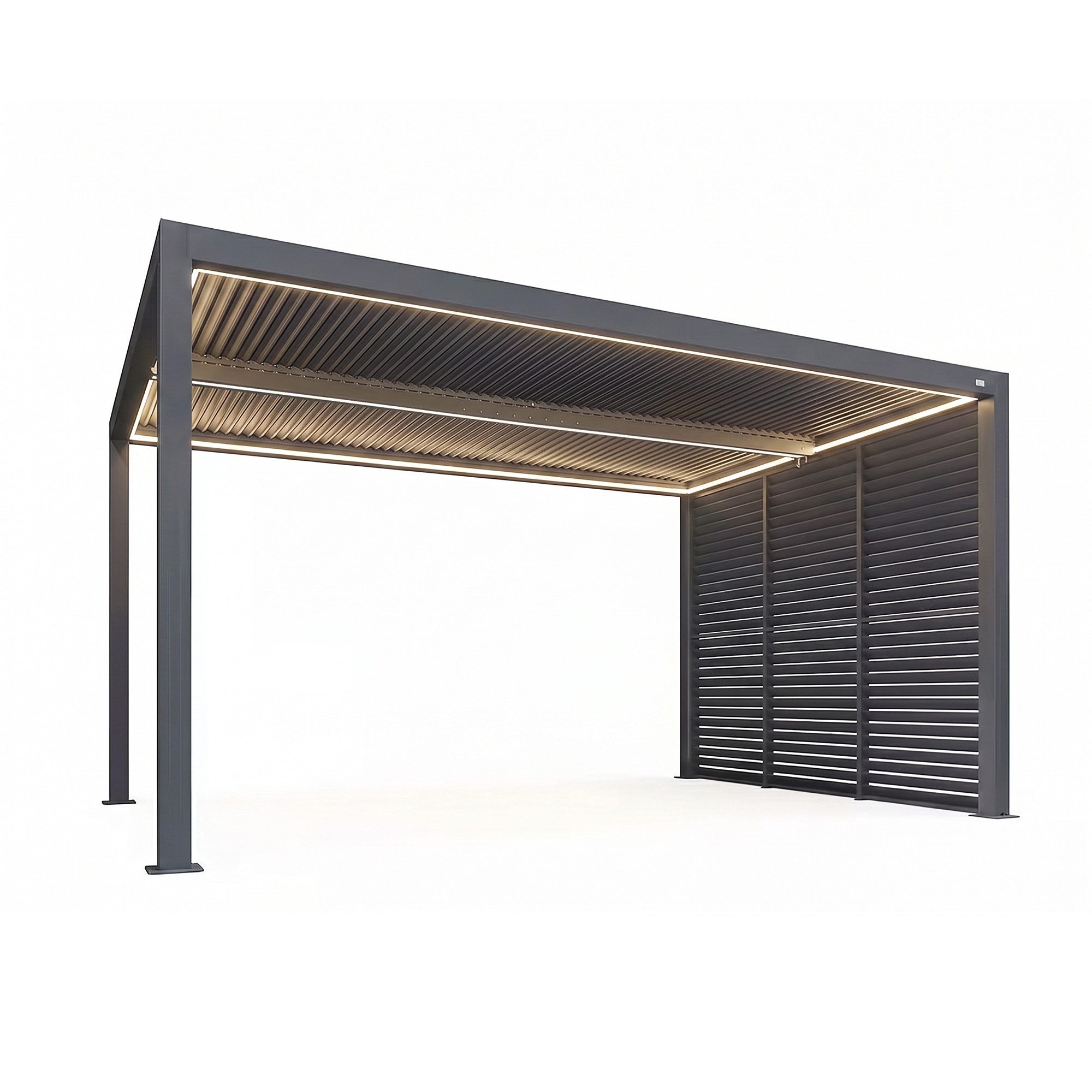 PURPLE LEAF Pergola Alu Lamellenpavillon winterfest wasserdicht freistehend Champagner, BxTxH: 300x425x240 cm, (1 × Pergola + 1 × LED-Lichtband + 3 × kurze Lamellen-Seitenwände), wasserdichte Gartenüberdachung für Balkon, Carport oder Grillplatz