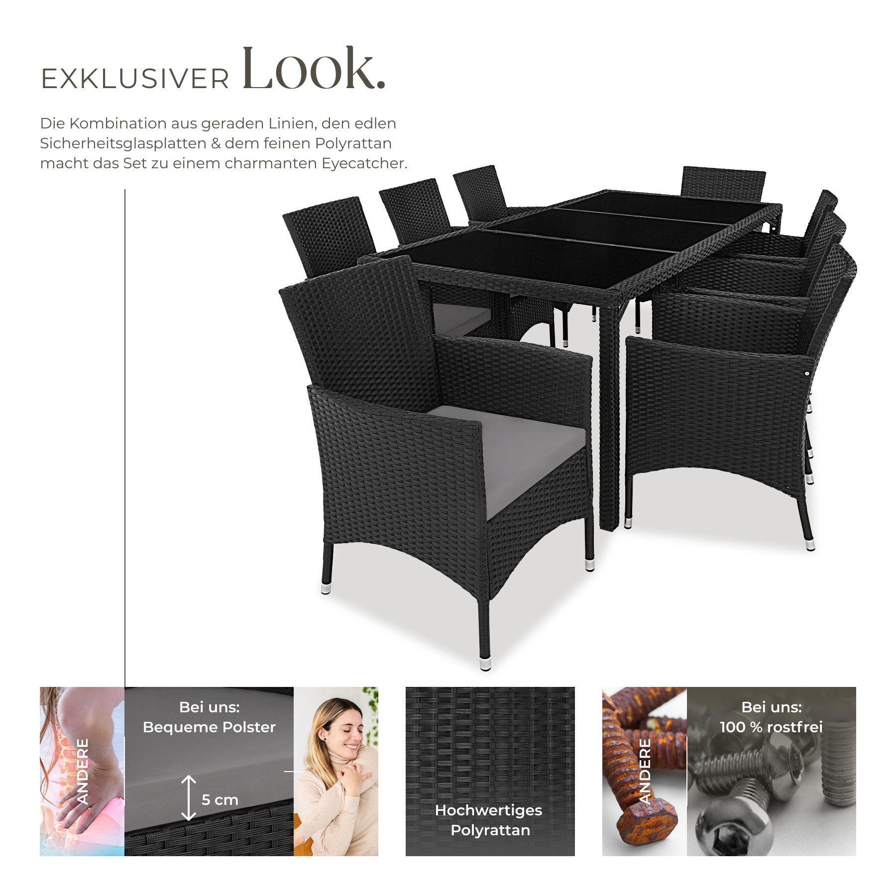 tectake Sitzgruppe Rattan Gartenlounge für 8 Personen, inklusive Schutzhülle, (Loungeset Almansa, 9-tlg., für Außen in Schwarz/Grau), widerstandsfähig, UV-beständig, mit Sicherheitsglasplatten