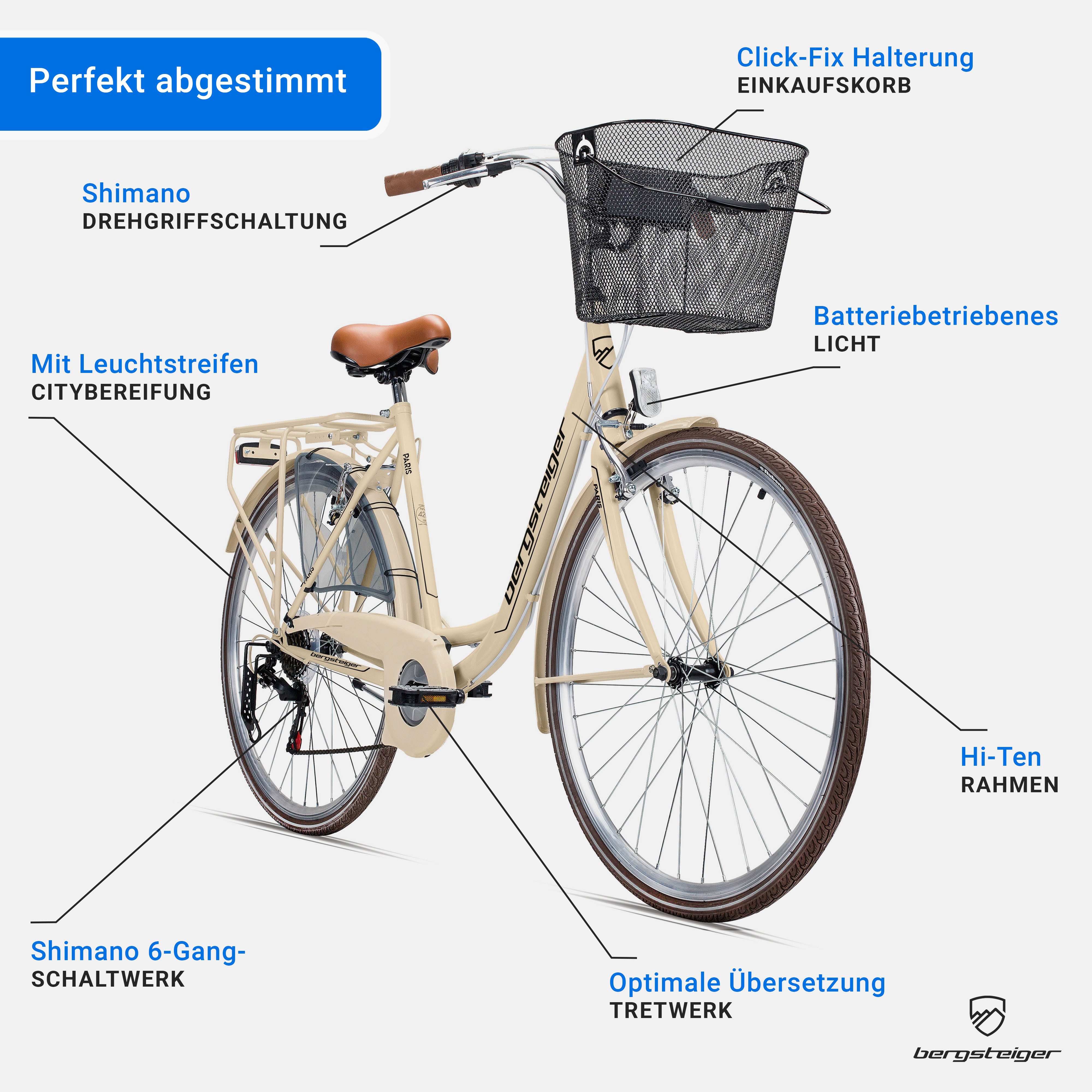bergsteiger Cityrad Paris 26 Zoll, 28 Zoll Damenfahrrad, ab 140 cm, Korb, Licht, 6 Gang Shimano Tourney RD-TZ50 Schaltwerk, Kettenschaltung, V-Bremsen – Bild 5 von 5