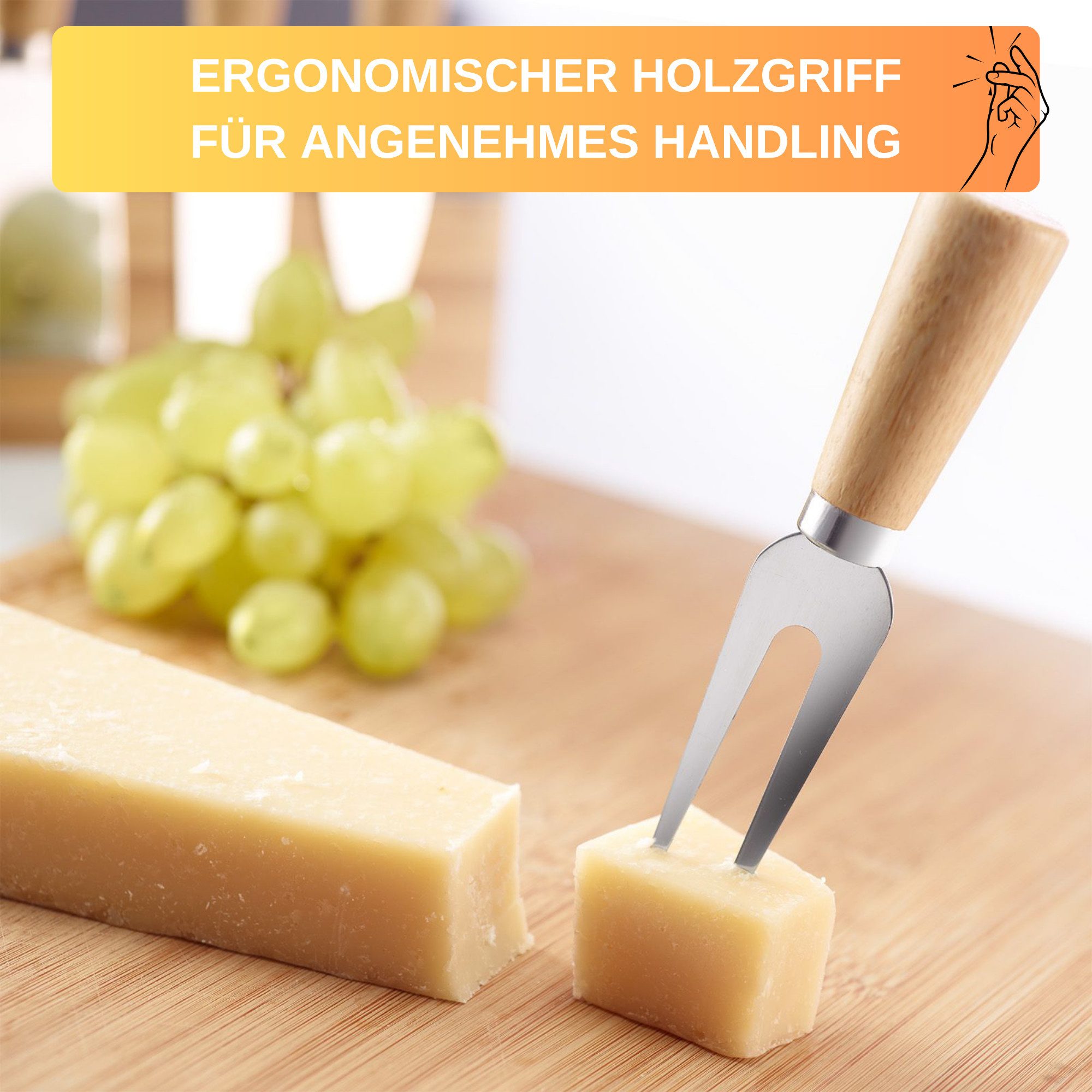 Thiru Käsemesser 5-teiliges Set inkl. dekorativer Bambus Halterung, 5-tlg. Set, Holzgriff, Edelstahl Klingen, Bambus Halterung – Bild 4 von 5