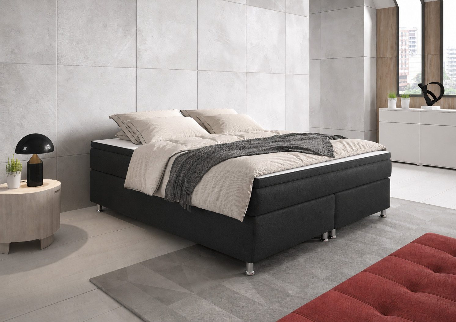 inter Boxspringbett Rahmen Boxbett mit 7-Zonen Taschenfederkern inkl. Topper (Komplettbett, 7 Zonen Tonnentaschenfederkernmatratze, 90 cm, 140 cm, 180 cm), Inklusive Topper, Tonnentaschenfederkern, Hoher Liegekomfort