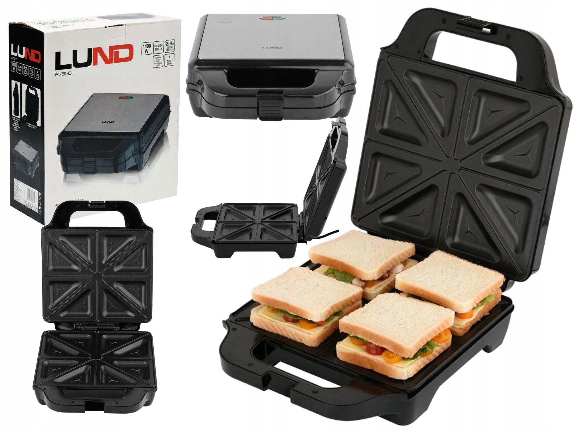 Lund 2-in-1-Sandwichmaker Sandwichmaker für 4 Toasts, 1400W, Edelstahl, 1400 W