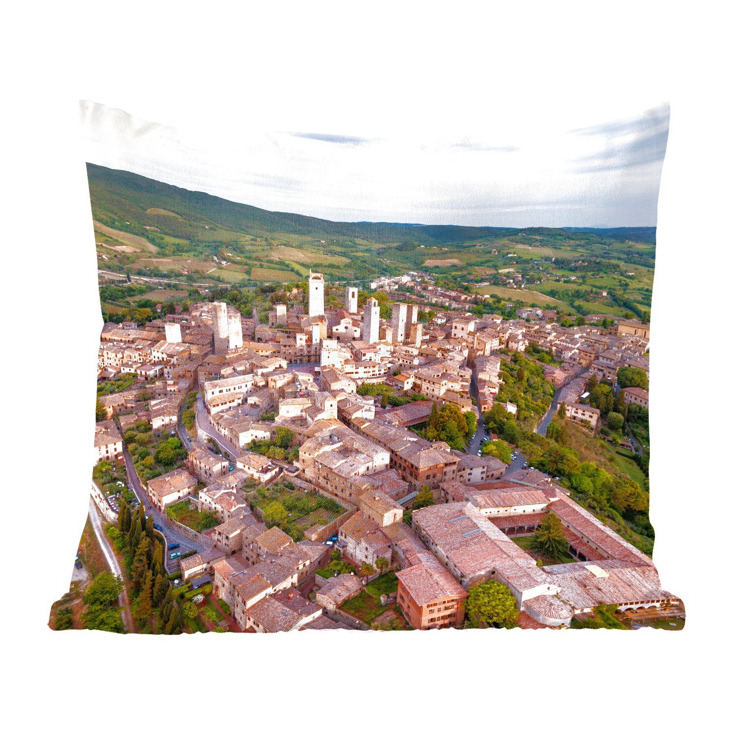 MuchoWow Dekokissen Luftaufnahme der toskanischen Stadt San Gimignano in Italien, Zierkissen mit Füllung für Wohzimmer, Schlafzimmer, Deko, Sofakissen