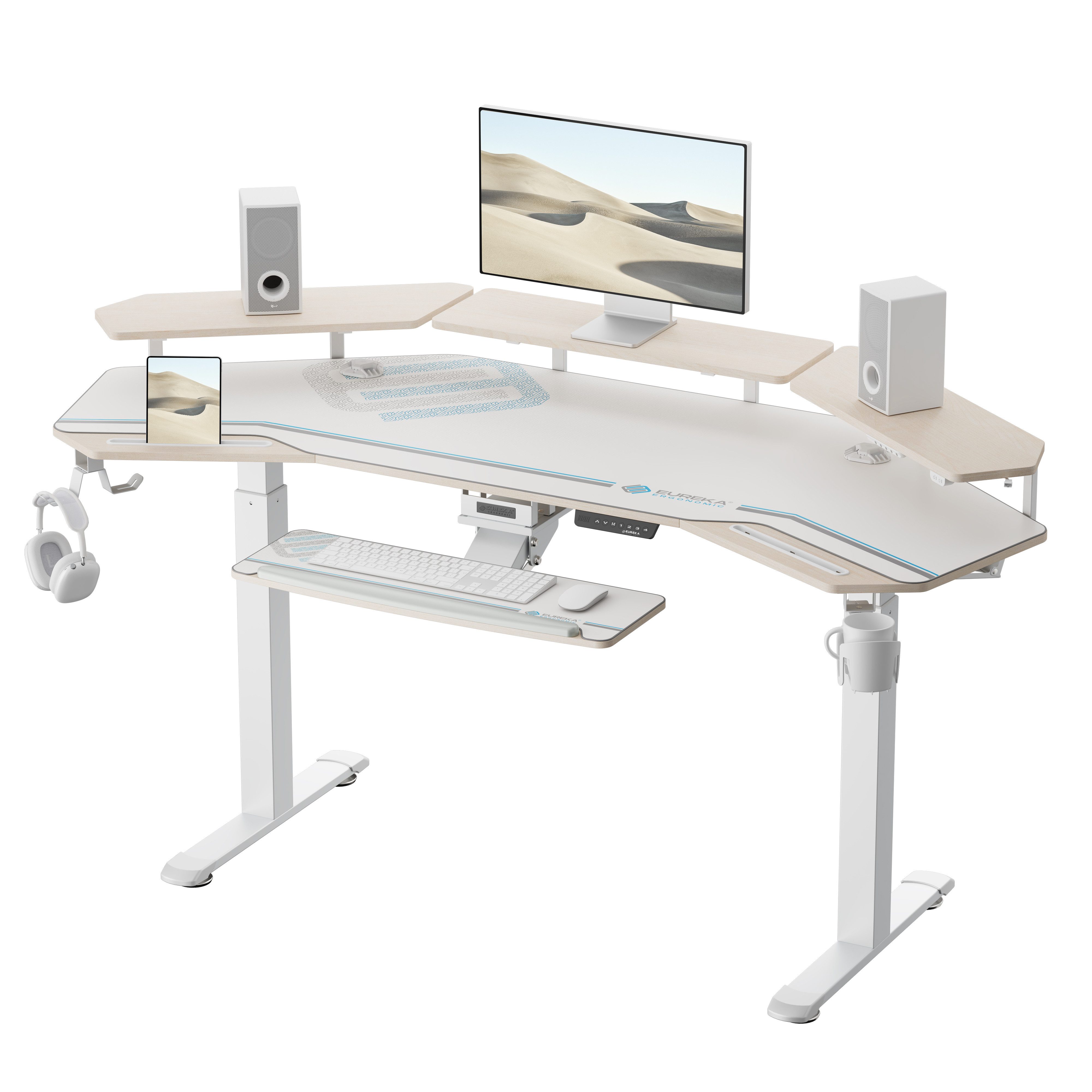 EE EUREKA ERGONOMIC Gamingtisch 182 x 76 cm, elektrischer Computertisch höhenverstellbar 75–122 cm, Flügelform, Doppelantrieb mit Speicherfunktion und LED-Monitoraufsatz