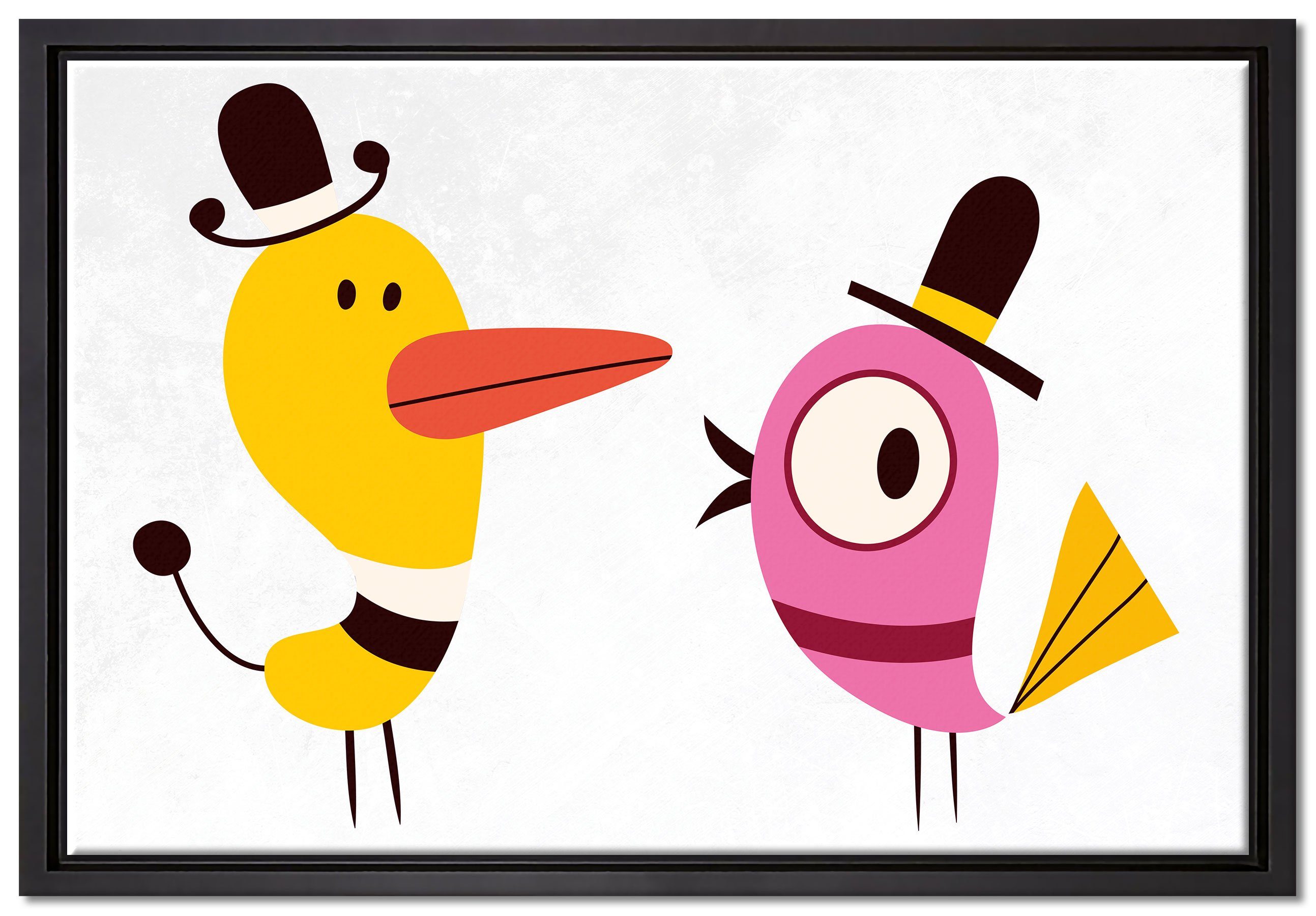 Pixxprint Leinwandbild lustige Vögel mit Hüten, Wanddekoration (1 St), Leinwandbild fertig bespannt, in einem Schattenfugen-Bilderrahmen gefasst, inkl. Zackenaufhänger