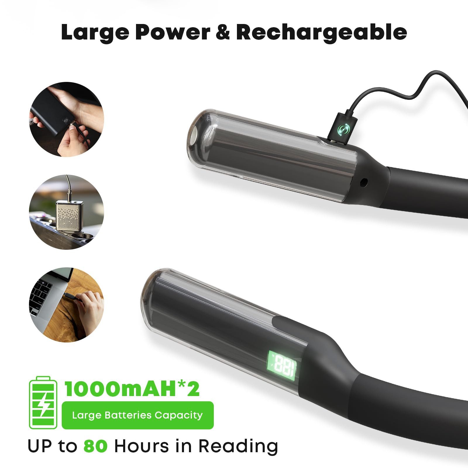 LQWELL LED Leselampe Wiederaufladbare Neck Reading Light LED Buchlampe Biegbare Arme, LED fest integriert, Hals Leselampe 3 Farben und 3 Helligkeiten Einstellbar, für Lesen Häkeln Nähen Reparieren Stricken