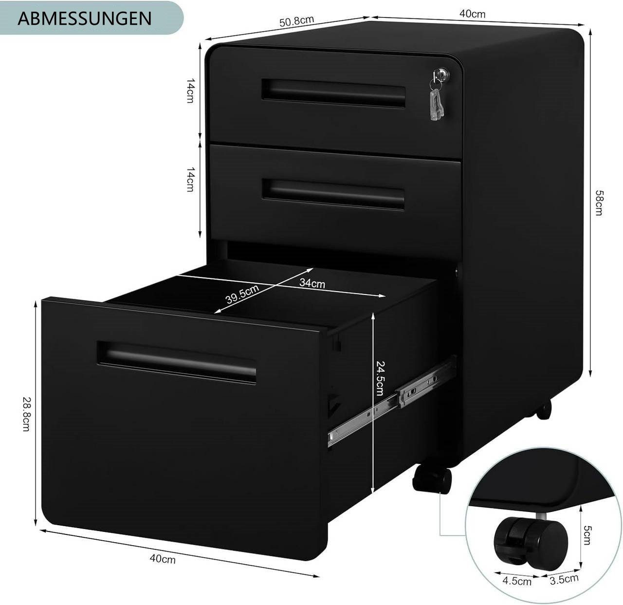 Woltu Rollcontainer, Mobiler Aktenschrank mit 3 Schubladen Bürocontainer