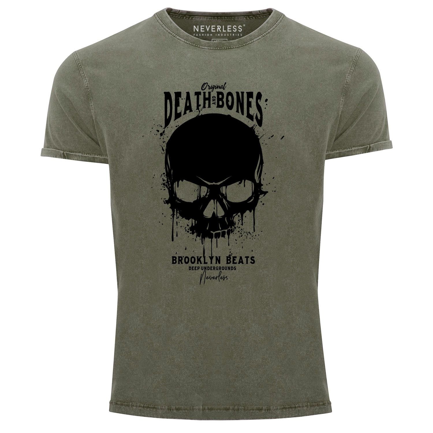 Printshirt Look Fit and Bones Outfit Vintage T-Shirt Death Herren Slim Print Print-Shirt Skull Club mit oliv Neverless® Neverless Used Totenkopf Shirt